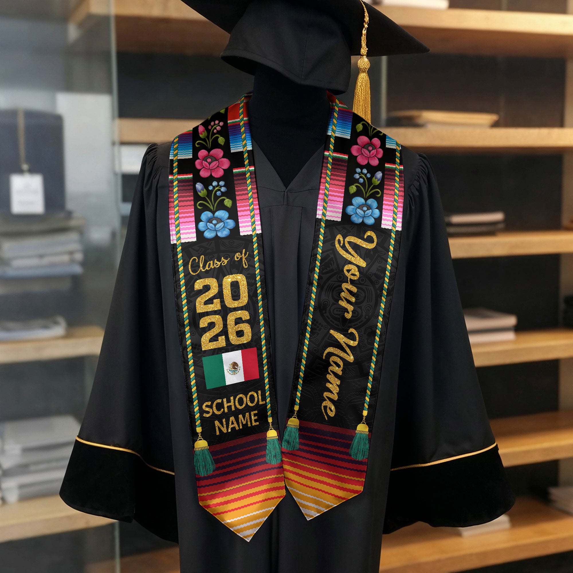 Customized Mexican Flag Graduation Stole 2026, Mexico Graduation Sash for Commencement Class of 2026