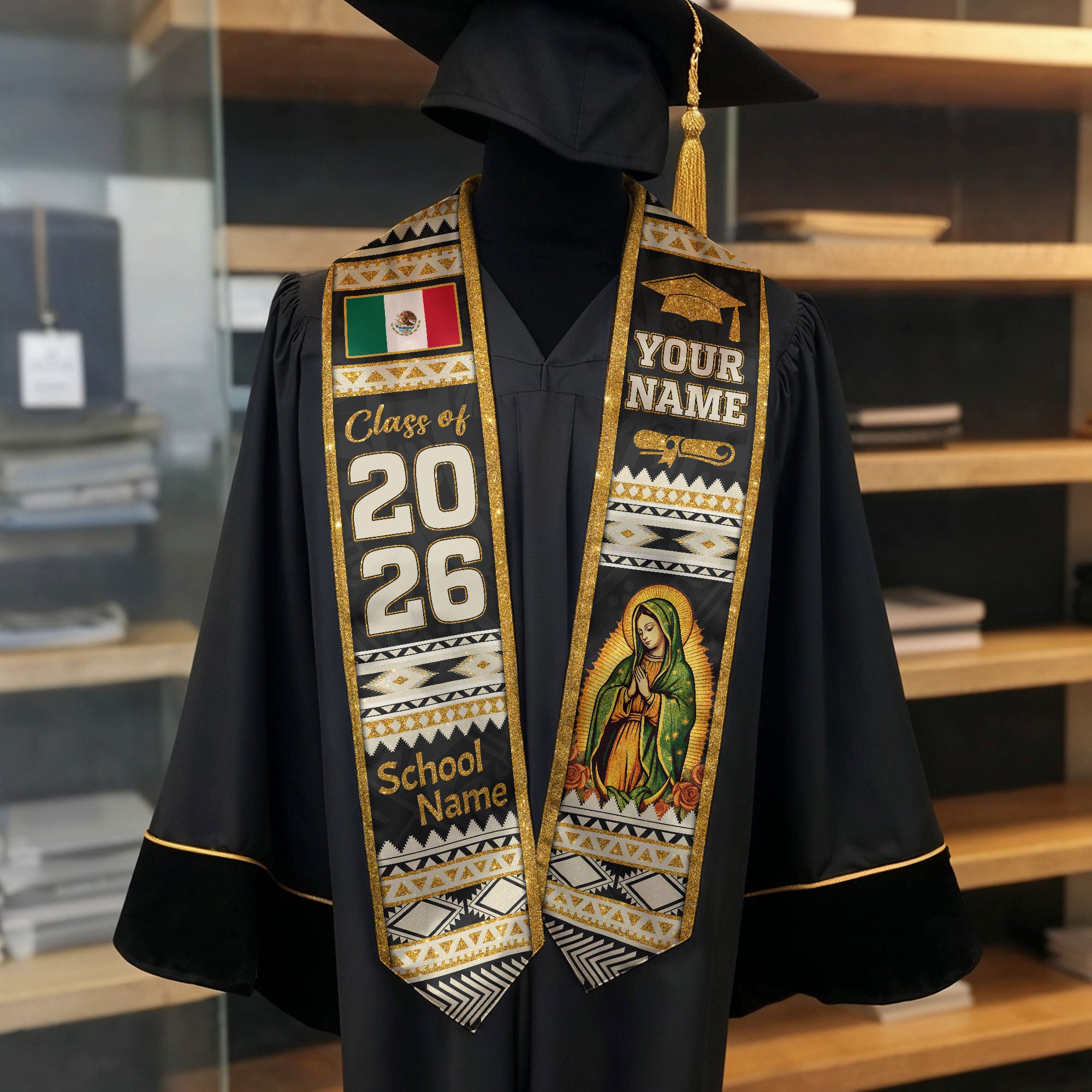 Customized Mexico Flag Graduation Stole 2026, Graduation Sash for Mexican Heritage Class of 2026