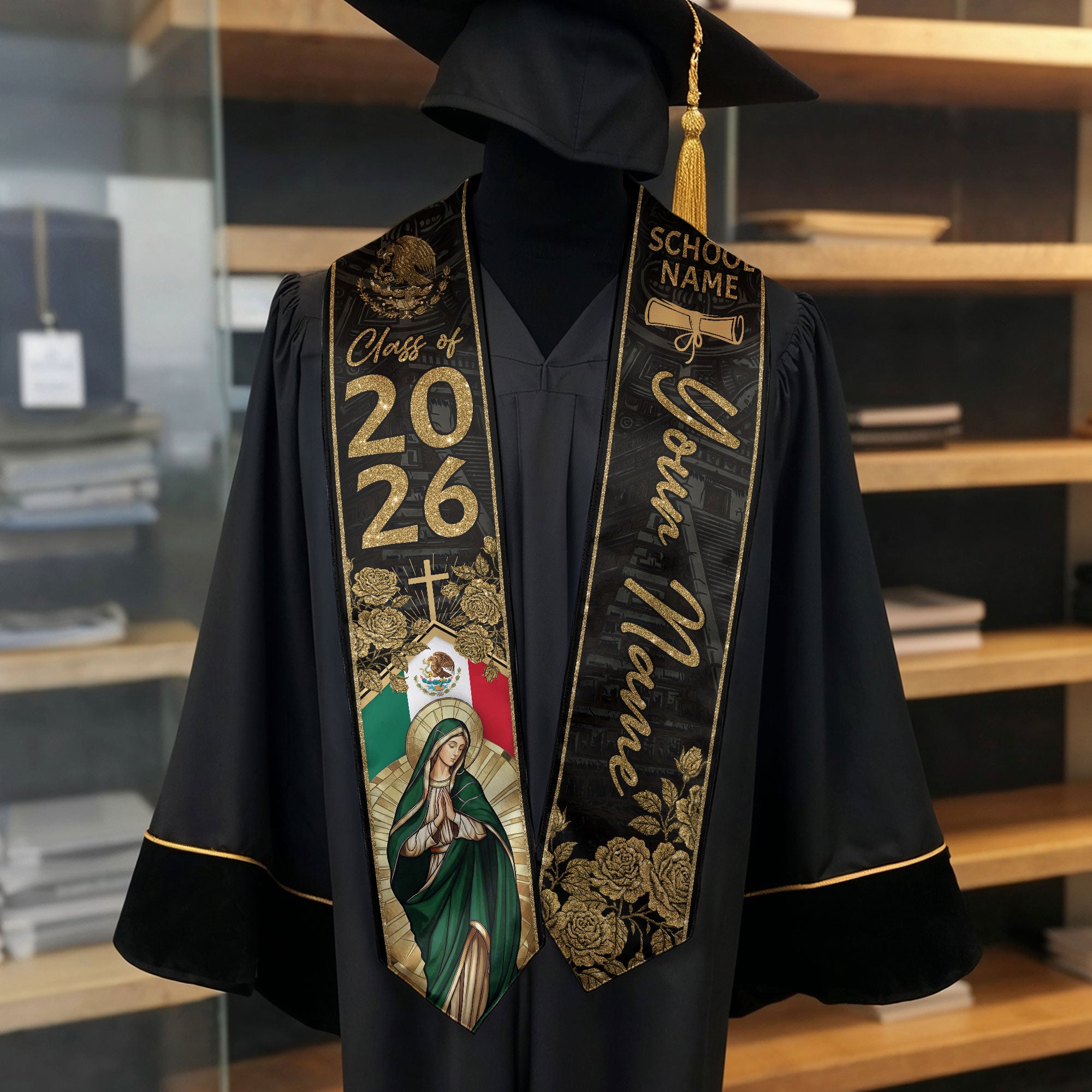 Customized Mexico Graduation Stole 2026, Mexican Flag Sash, Commencement Accessory Class of 2026
