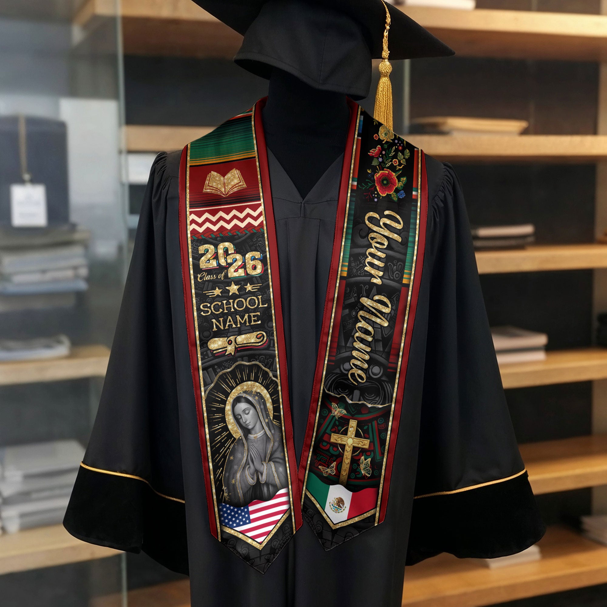 Customized Mexican Graduation Stole Featuring Flag Colors, Graduation Sash for Class of 2026