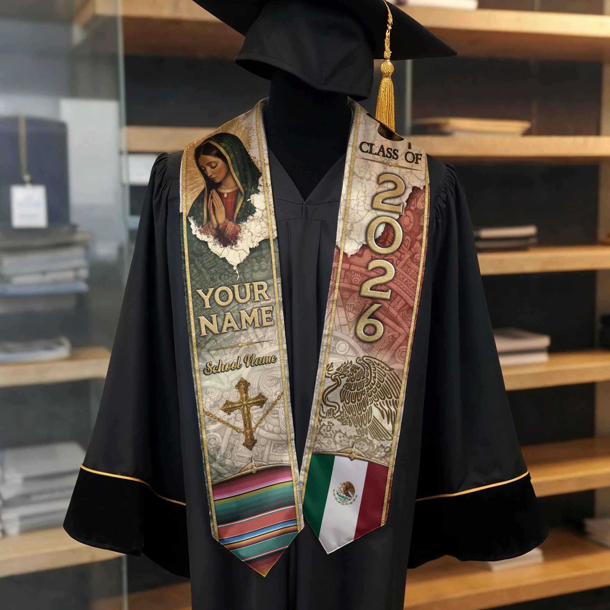 Customized Graduation Stole for Mexico Celebrations, Mexican Flag Sash 2026, Class of 2026