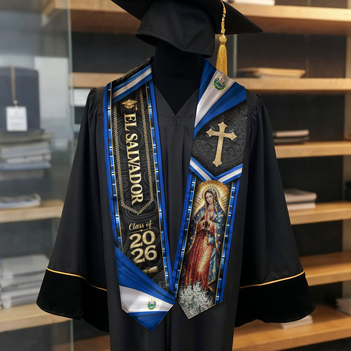 El Salvador Graduation Stole 2026 - Virgin Mary & Cross Class of 2026 Sash