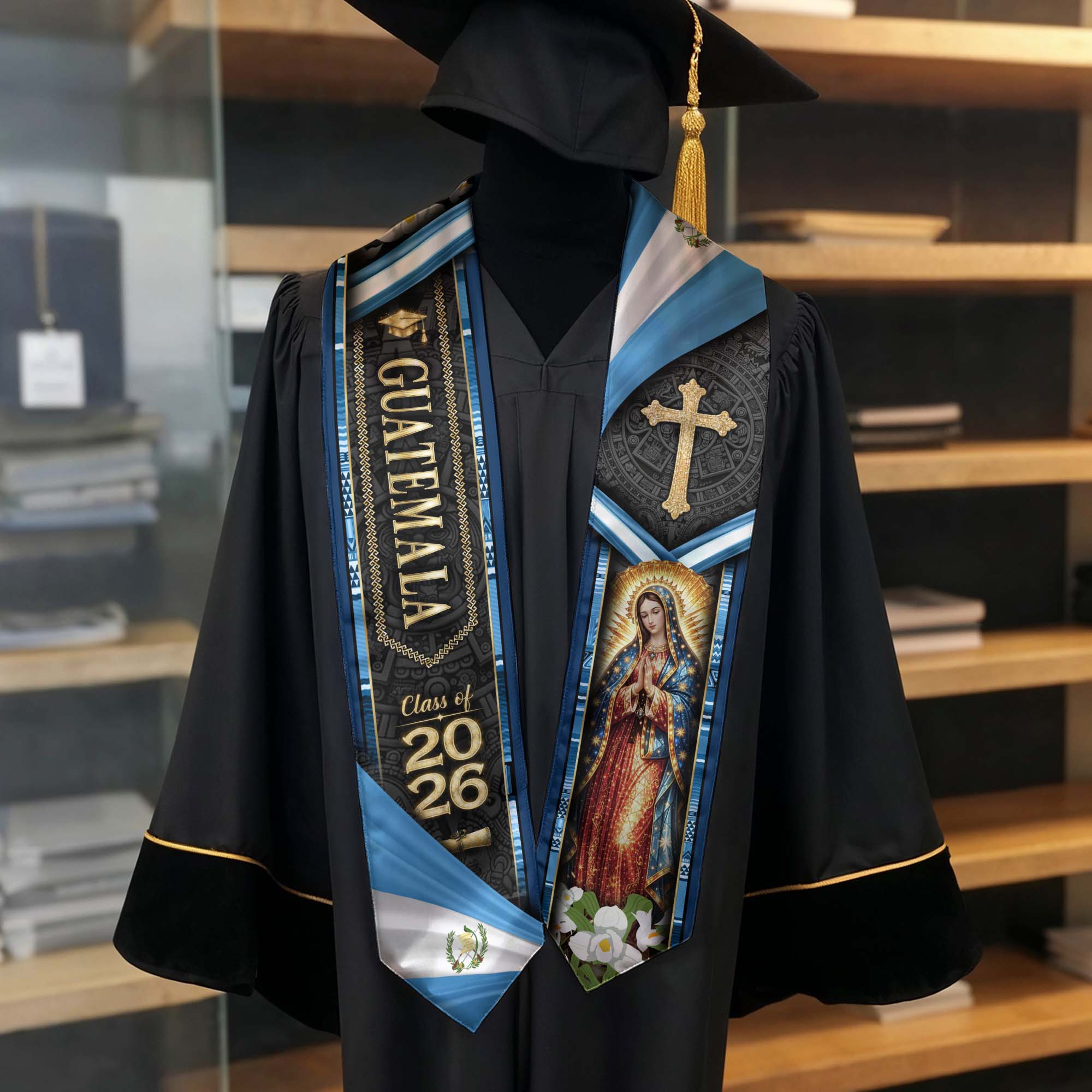 Guatemala Graduation Stole 2026 Virgin Mary Cross Quetzal Bird Blue Gold Graduation Sash Design
