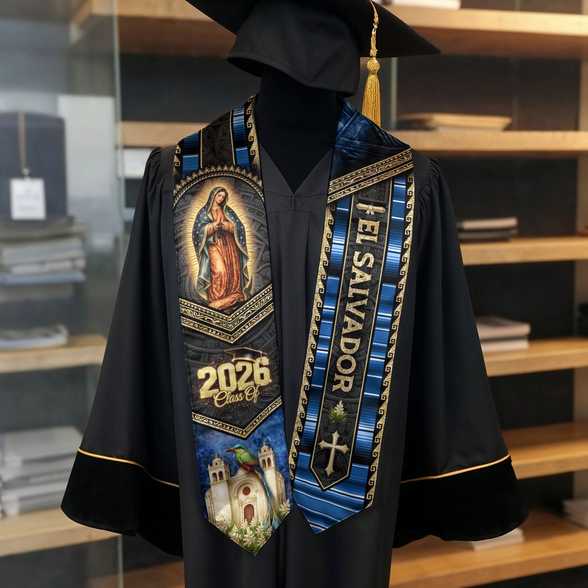 El Salvador Graduation Stole 2026 - Virgin Mary & Torogoz Bird Heritage Sash