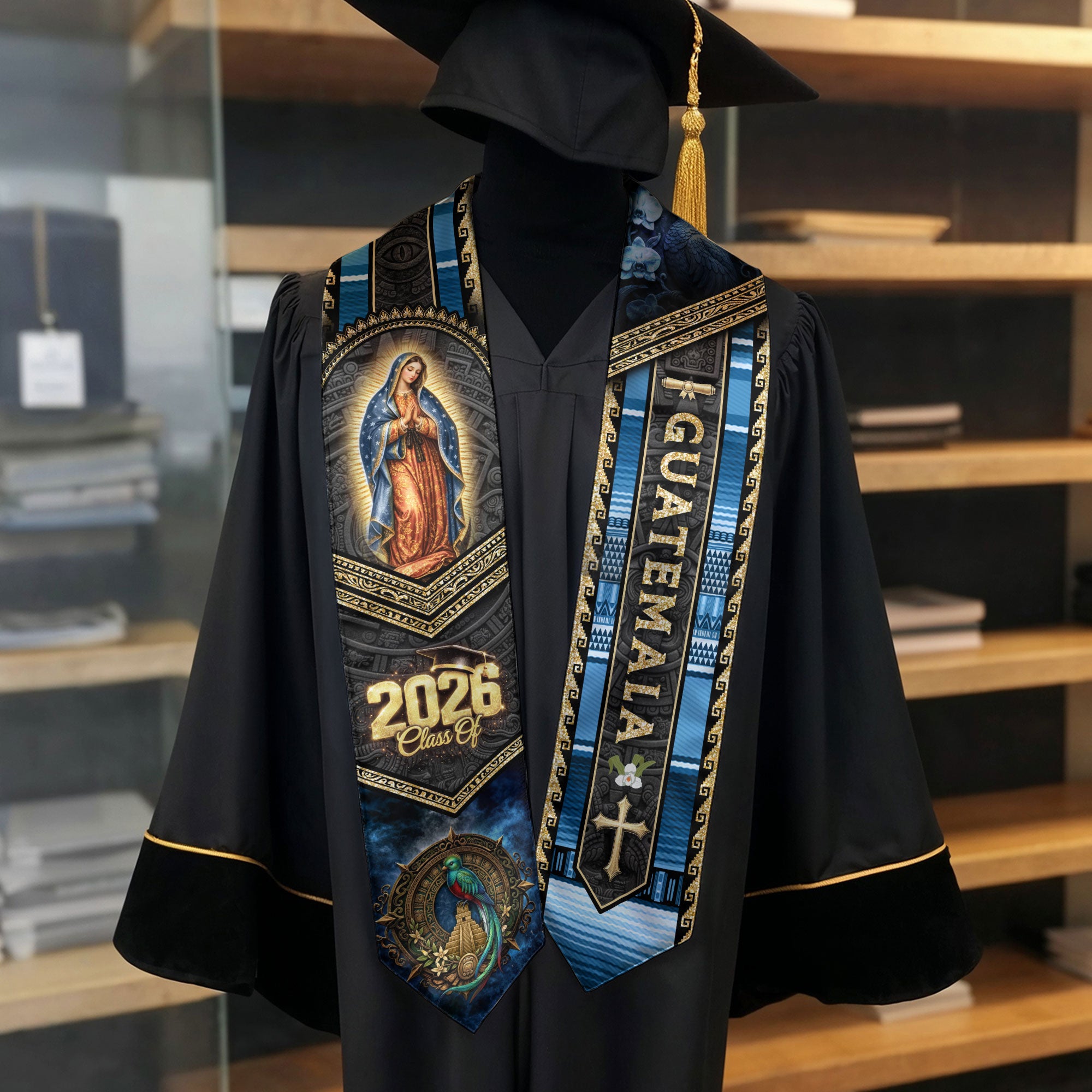 Guatemala Graduation Stole 2026 Catholic Virgin Mary Graduation Sash Blue Gold Cultural Design