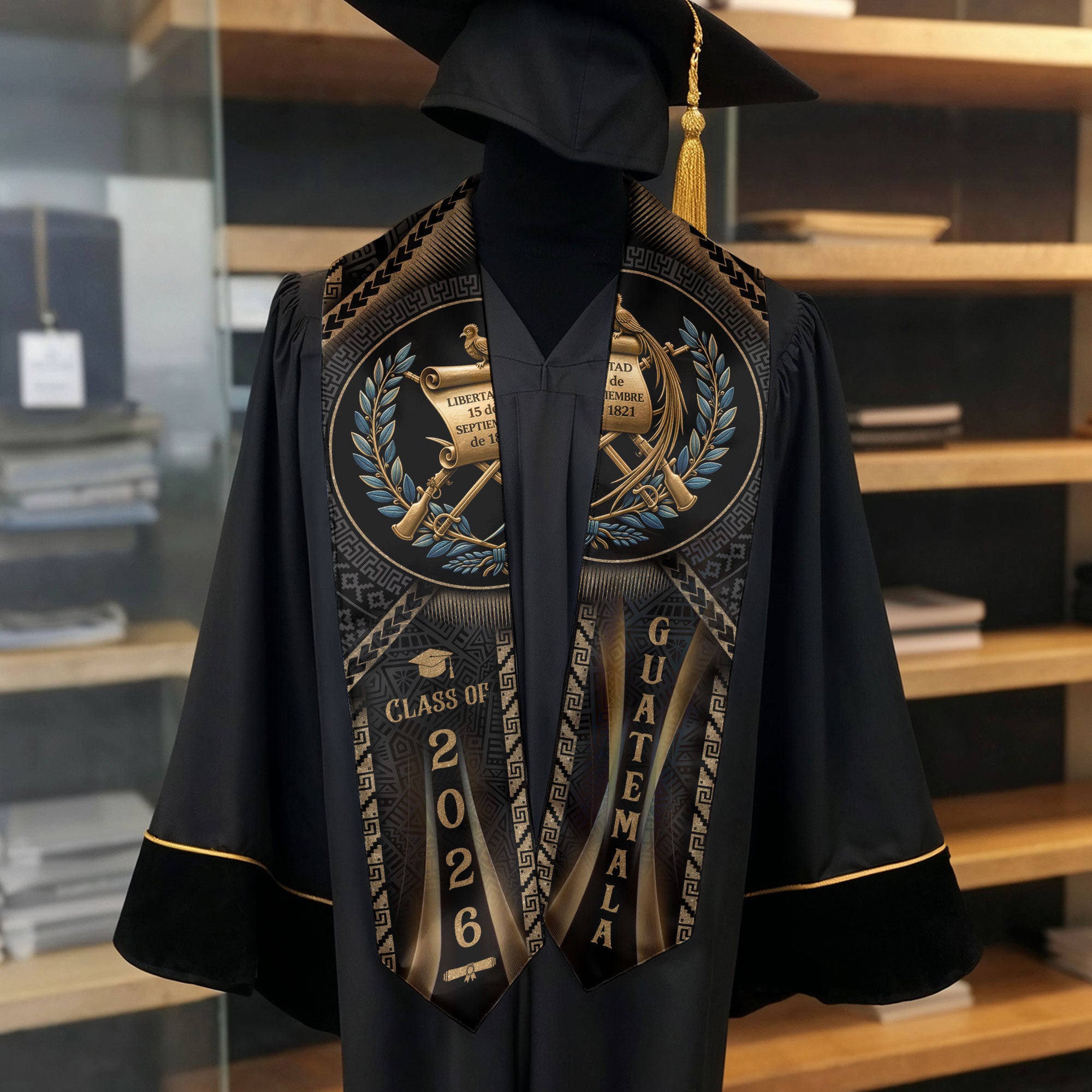 Guatemala Graduation Stole 2026 National Emblem Quetzal Laurel Gold Graduation Sash Design