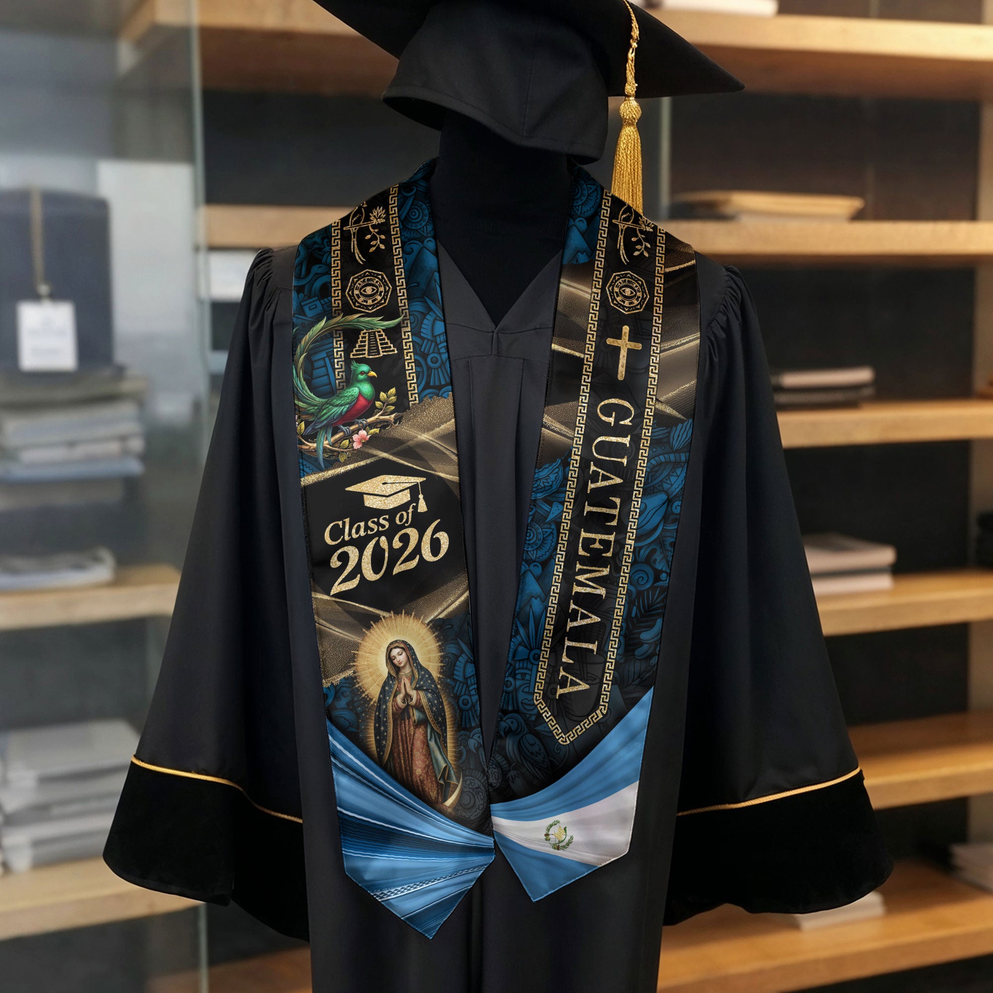 Guatemala Graduation Stole 2026 Virgin Mary Cross Quetzal Mayan Cultural Blue Gold Design