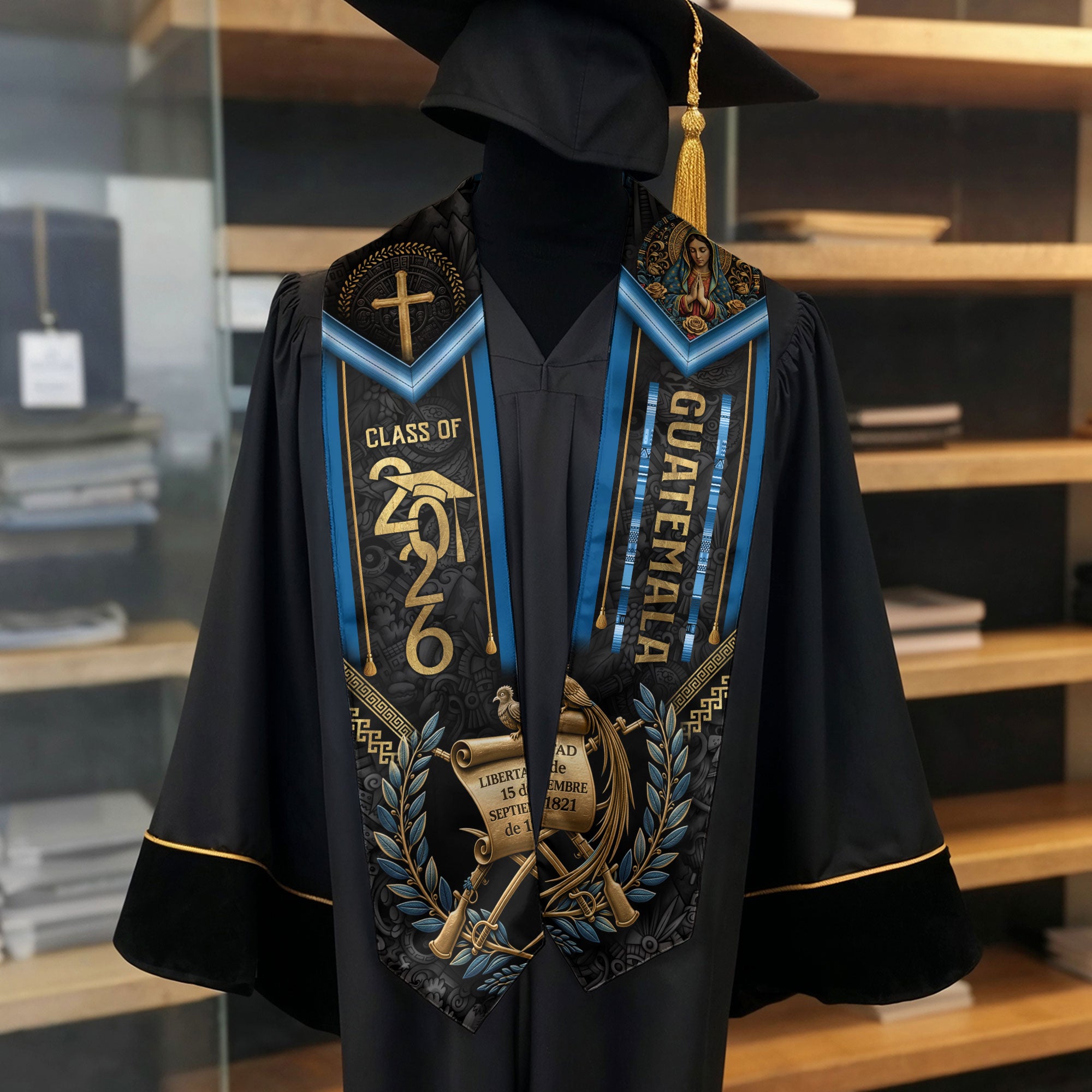 Guatemala Graduation Stole 2026 National Emblem Virgin Mary Cross Blue Academic Design