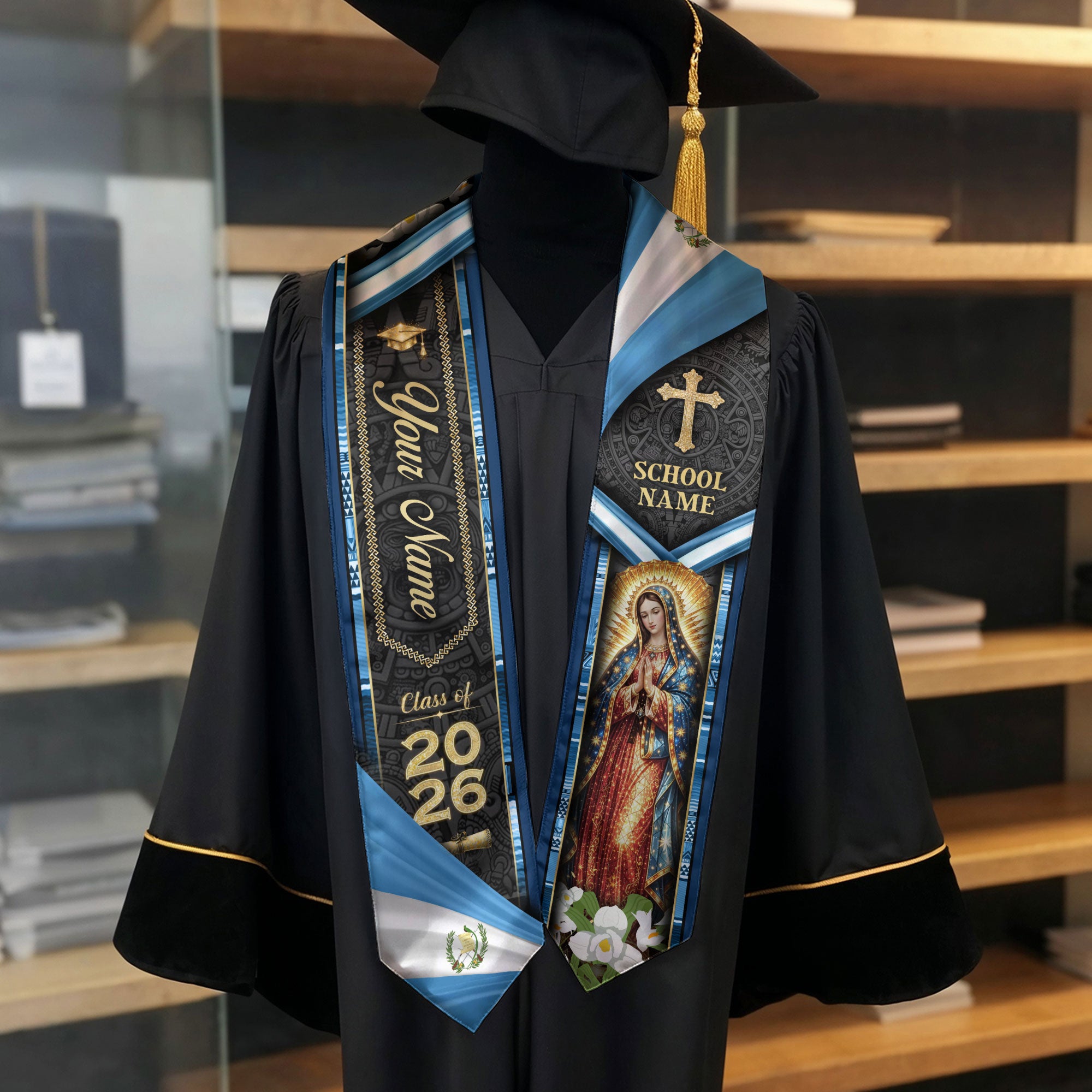 Guatemala Graduation Stole Custom 2026 Guadalupe Cross Flag Blue Sash Gift