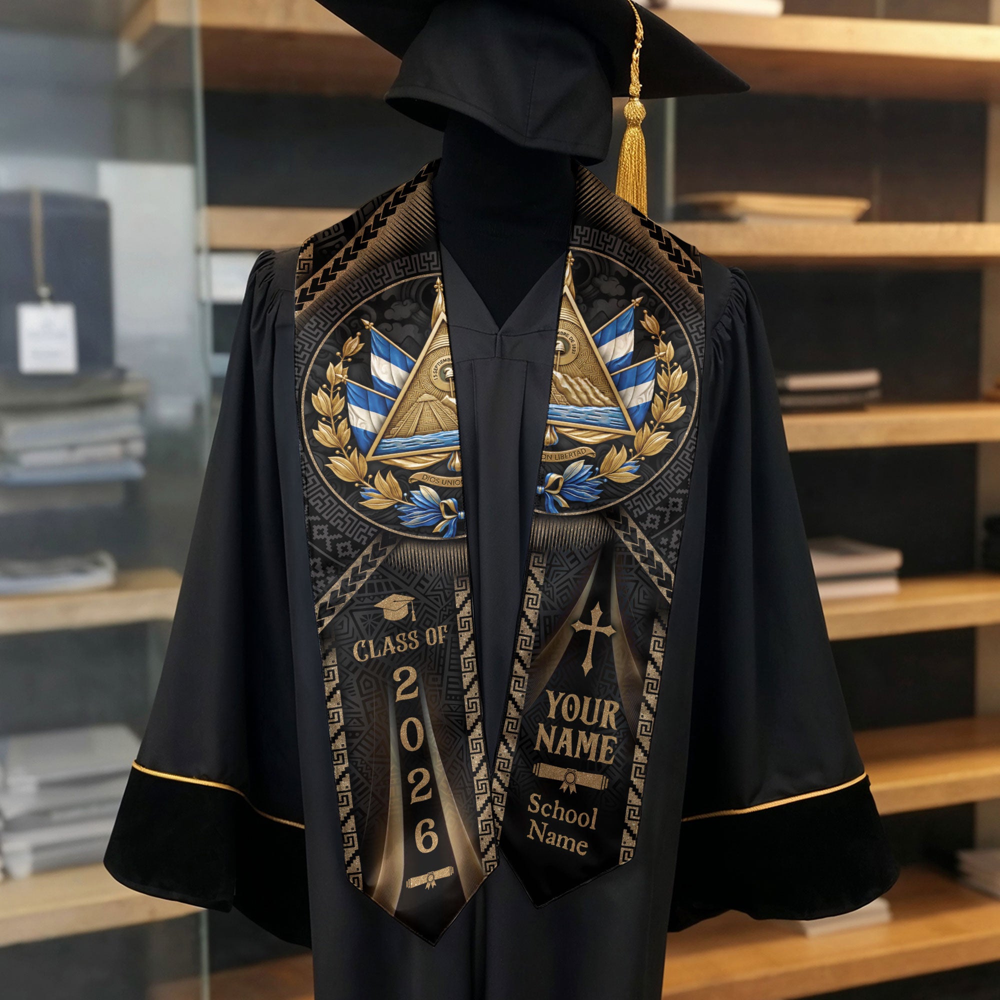 El Salvador Graduation Stole Class of 2026 - Personalized Coat of Arms Heritage Sash
