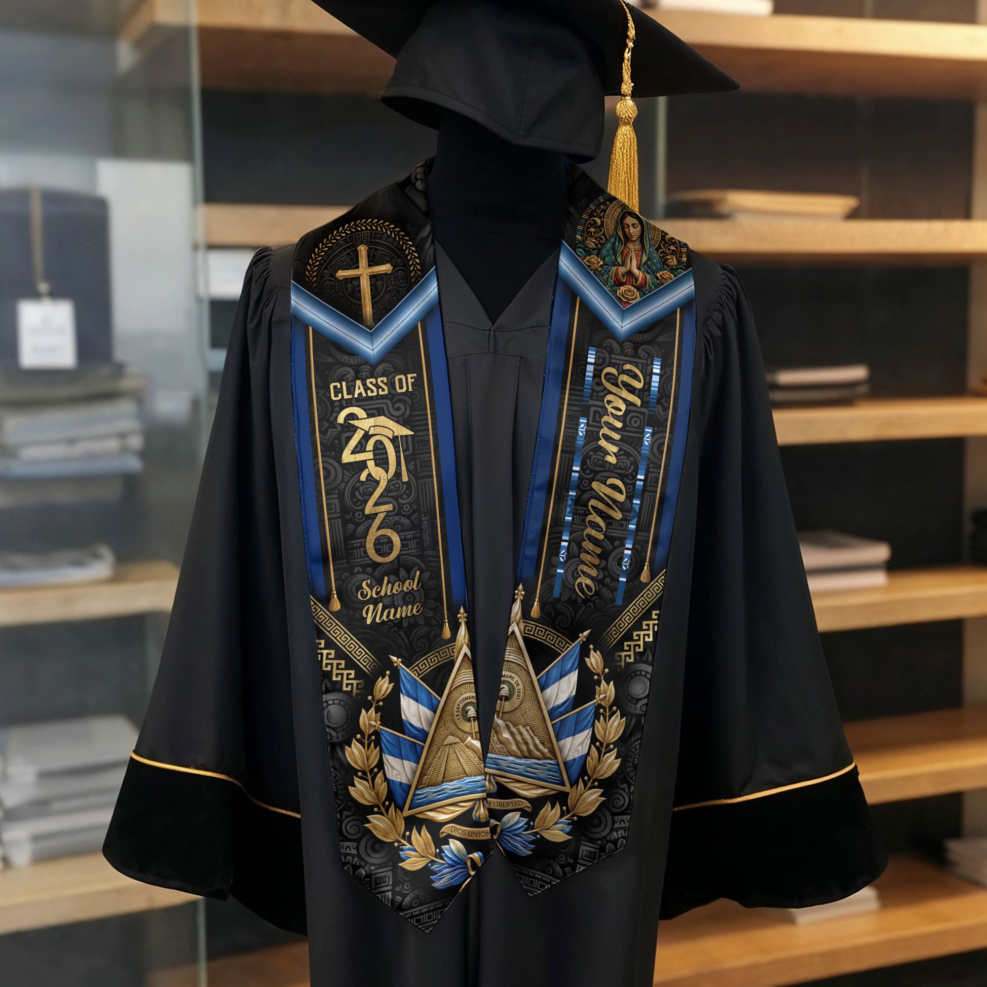 El Salvador Graduation Stole 2026 - Personalized Name Gold Cross Heritage Sash