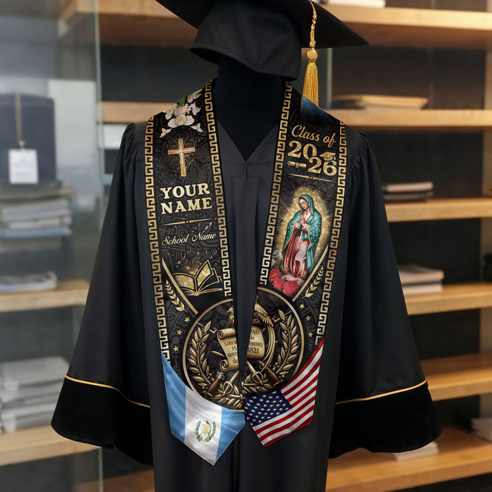 Guatemala Graduation Stole 2026 Custom Name School Name USA Guatemala Flag Virgin Mary Cross Academic Design