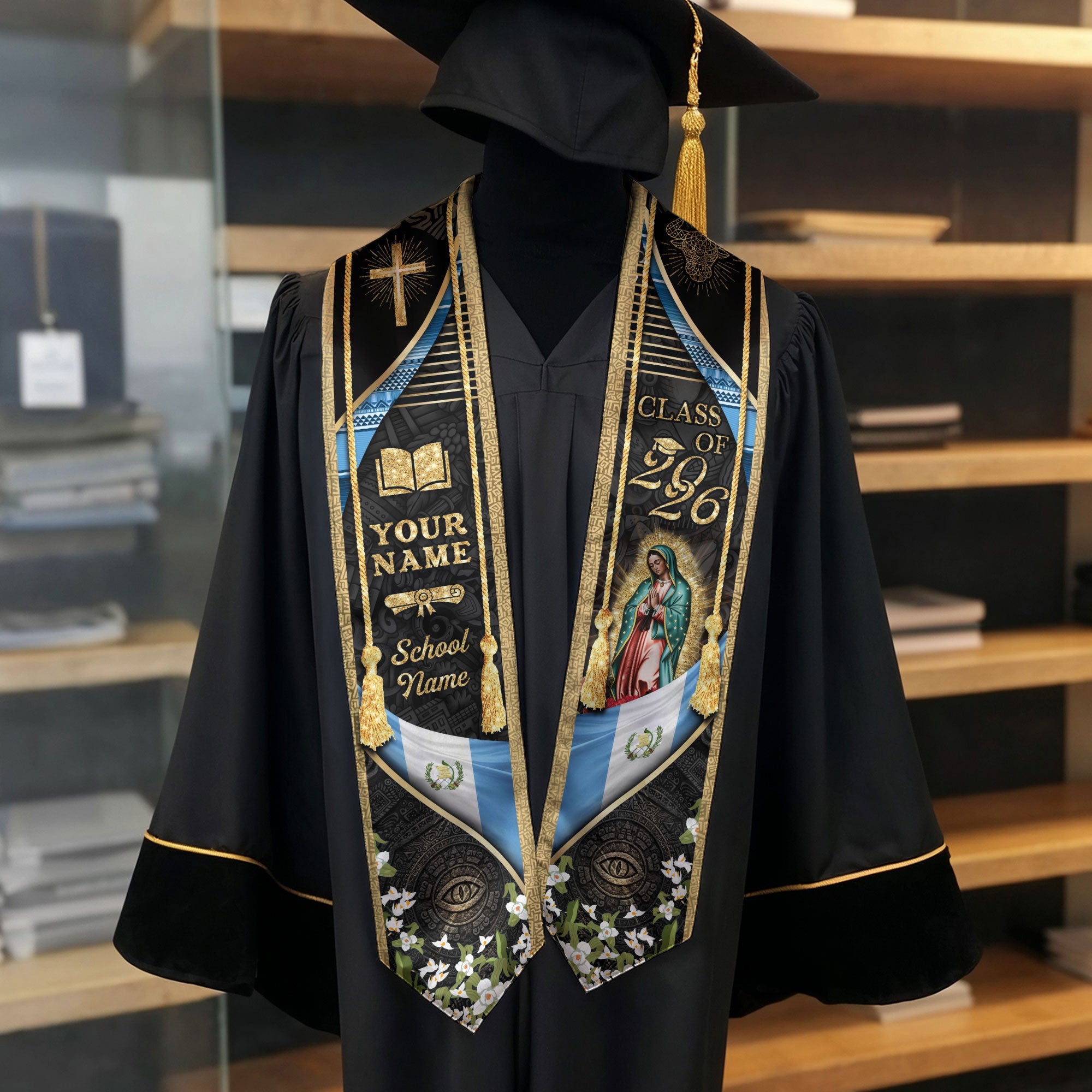 Customized Guatemala Graduation Stole Class of 2026 Name School Year Virgin Mary Cross Cultural Design