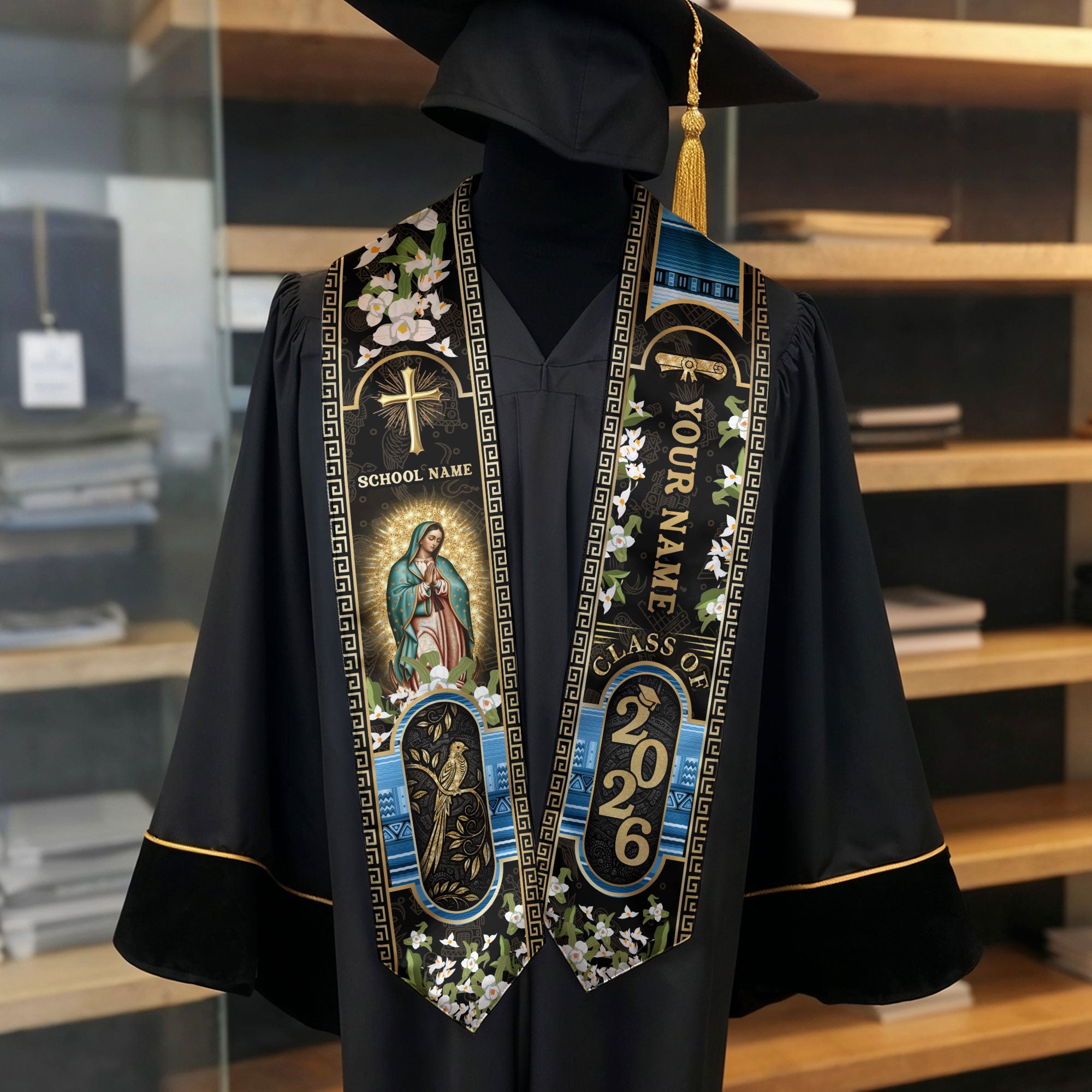 Customized Guatemala Graduation Stole Class of 2026 Personalized Name School Virgin Mary Cross Elegant Floral Style