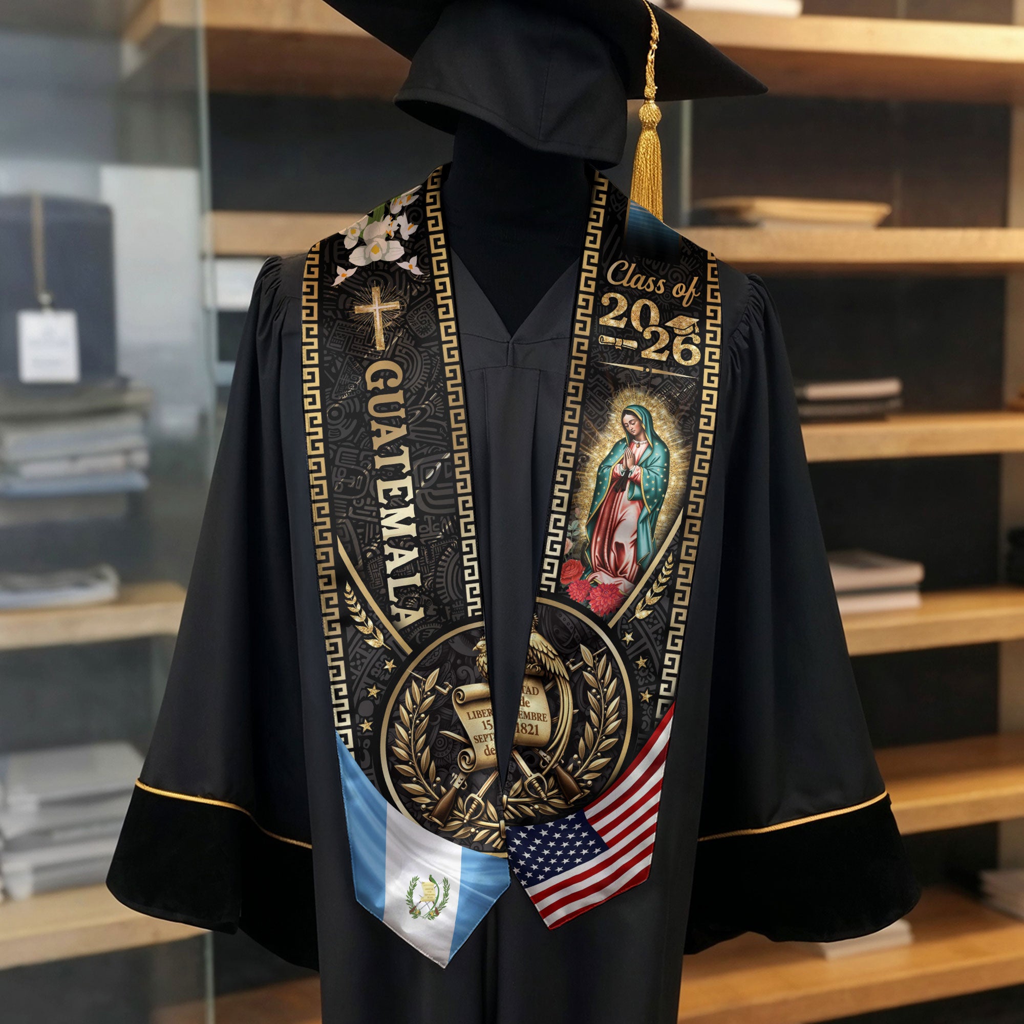 Guatemala Graduation Stole 2026, USA Guatemala Flag Graduation Sash, Catholic Virgin Mary Classic Academic Design