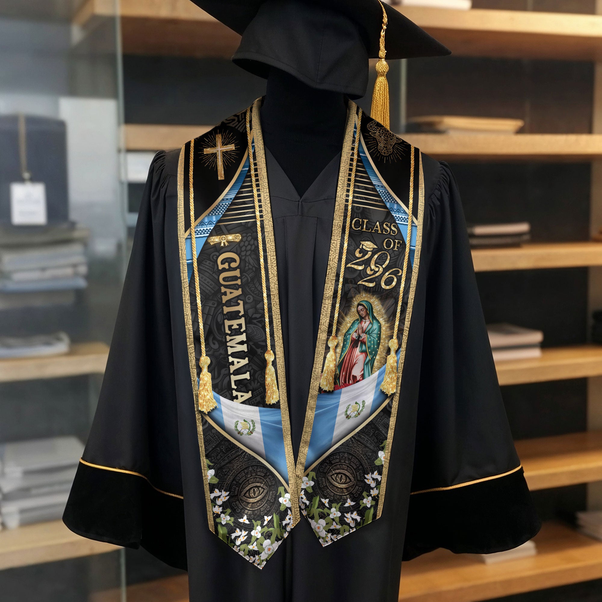Guatemala Graduation Stole 2026, Guatemalan Flag Ceremony Sash, Elegant Gold Academic Design