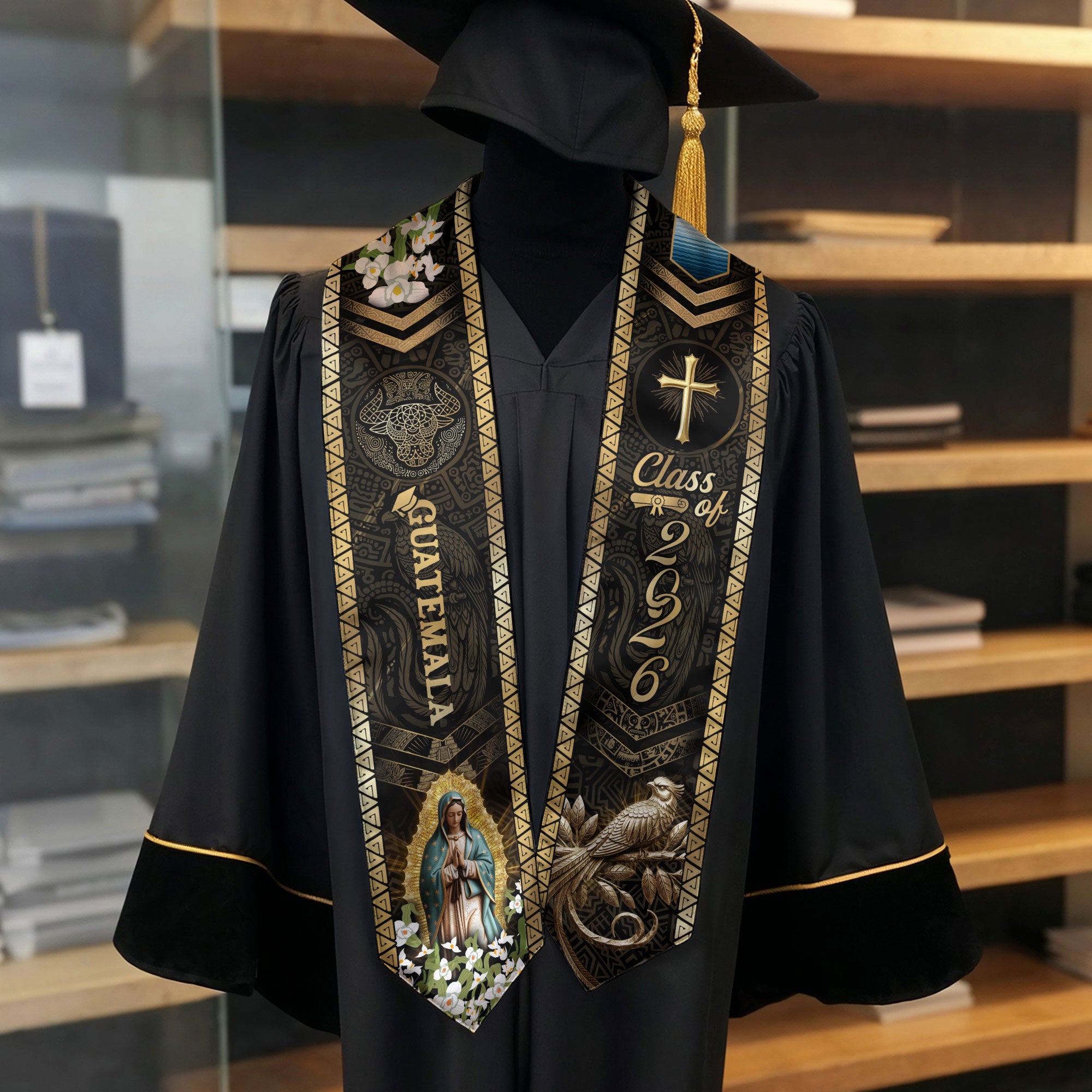 Guatemalan Graduation Stole 2026, Religious Academic Sash, Elegant Virgin Mary Design