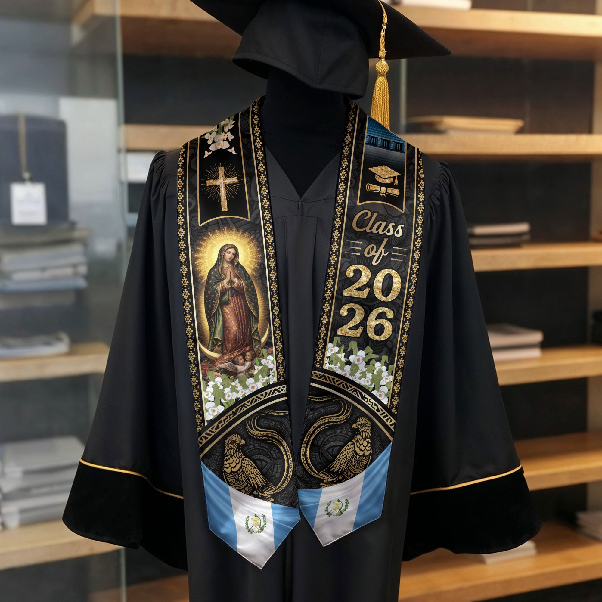 Guatemala Graduation Stole 2026, Guatemalan Flag Academic Sash, Faith Inspired Gold Design