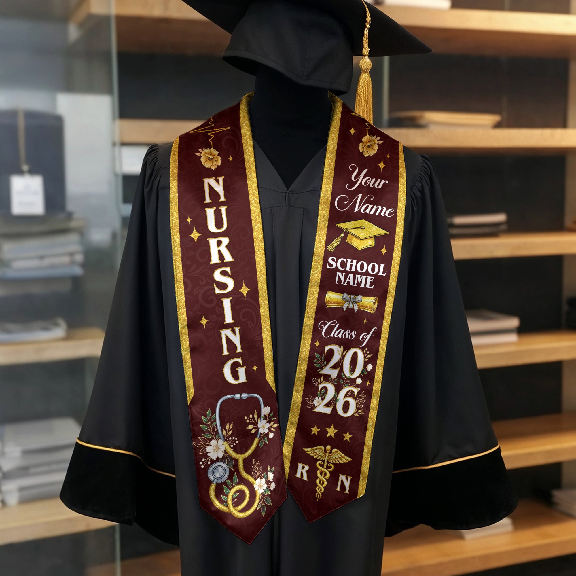RN Nursing Graduation Stole, Class of 2026, Custom Name School, Stethoscope Pattern, Sash Gift