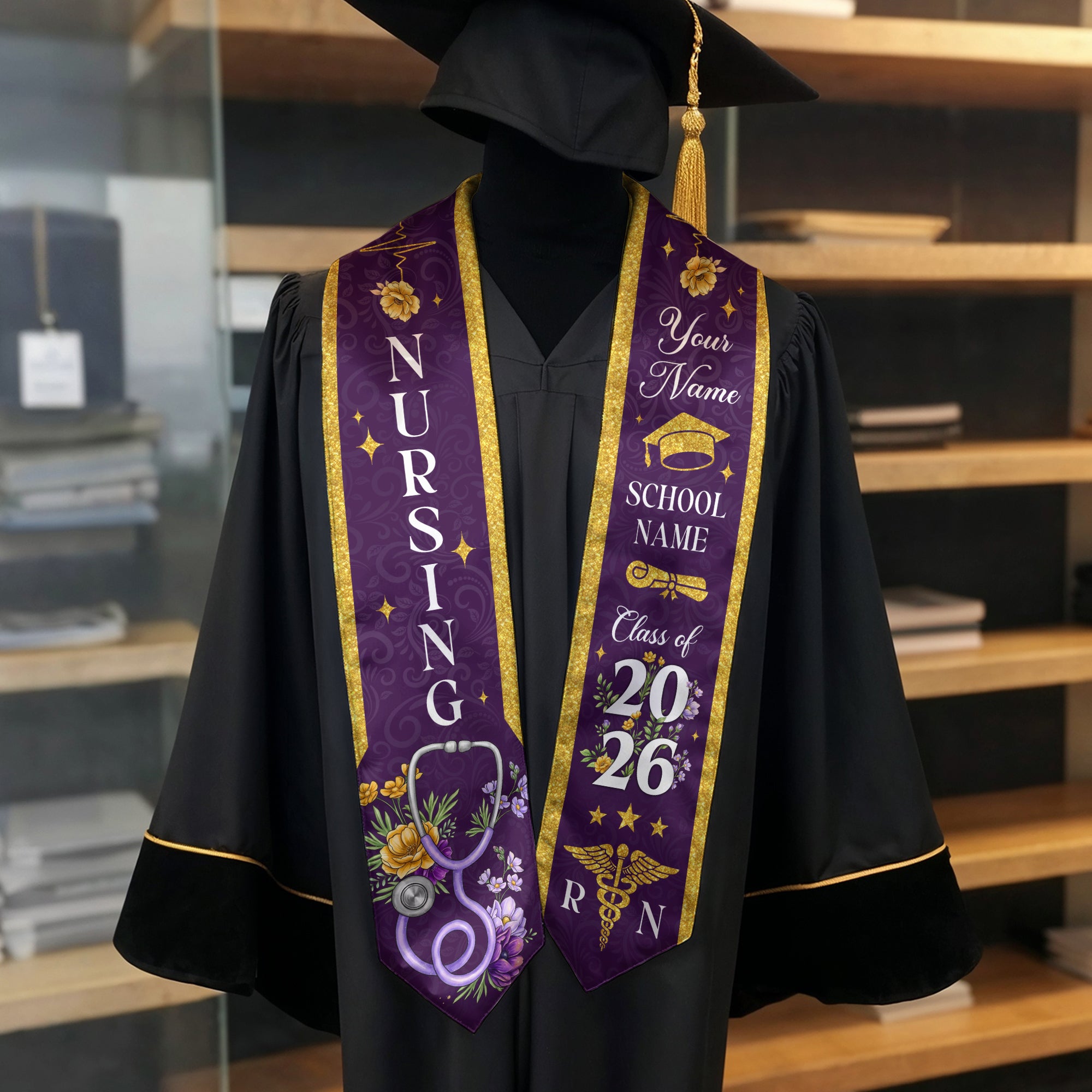 RN Graduation Stole Nursing Class of 2026, Custom Name School, Floral Medical Theme, Personalized Sash Gift