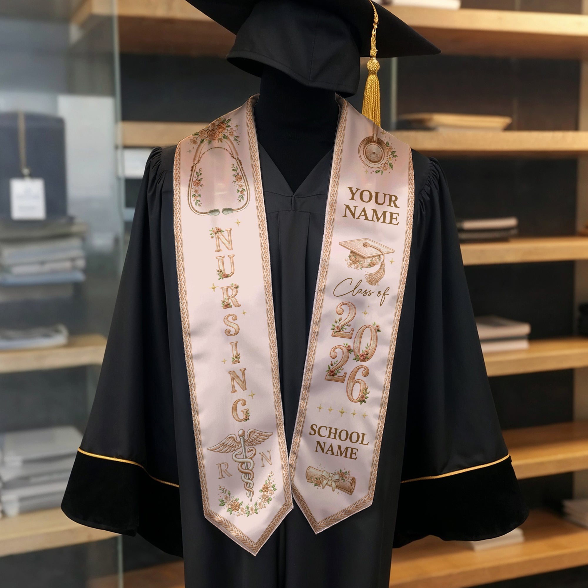 RN Nursing Stole Class of 2026, Personalized Graduation Sash, Custom Name School Detail, Elegant Medical Motif Gift