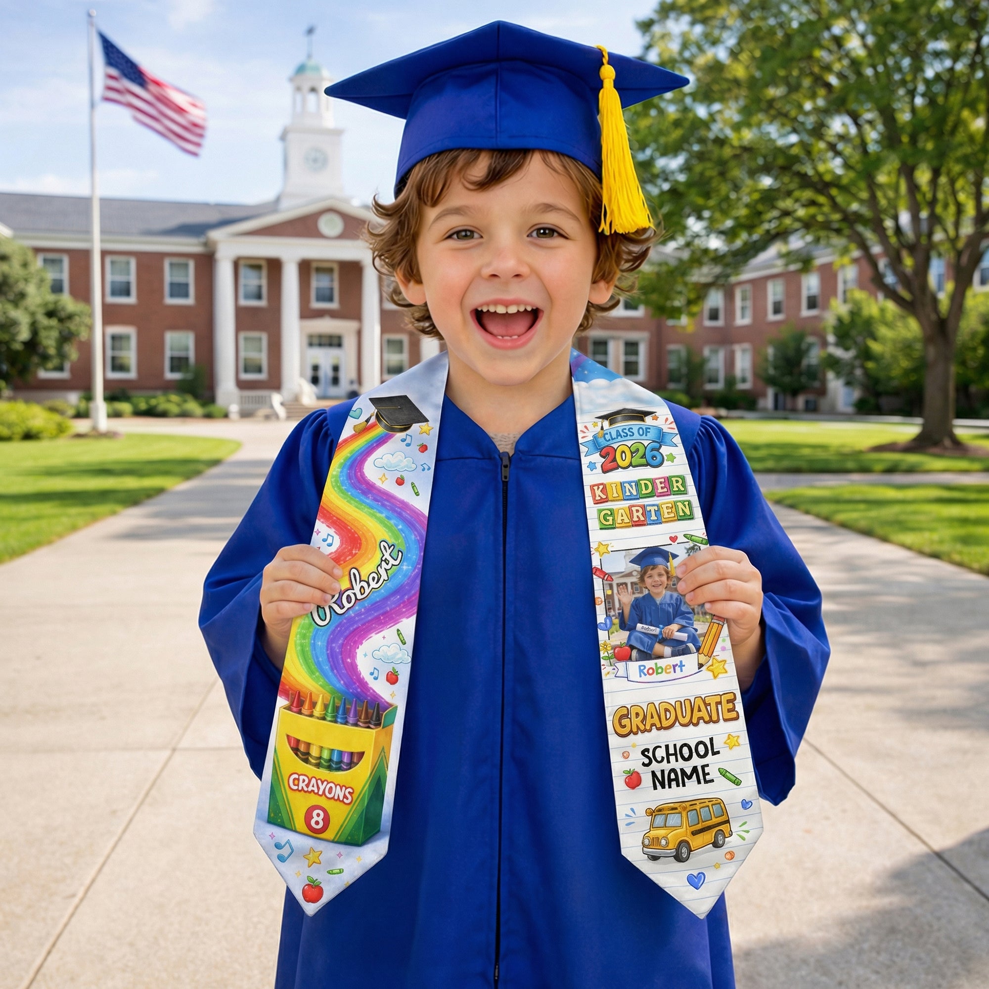 Personalized Graduation Stole for Kids - Custom Photo & School Name 2026 Rainbow Sash