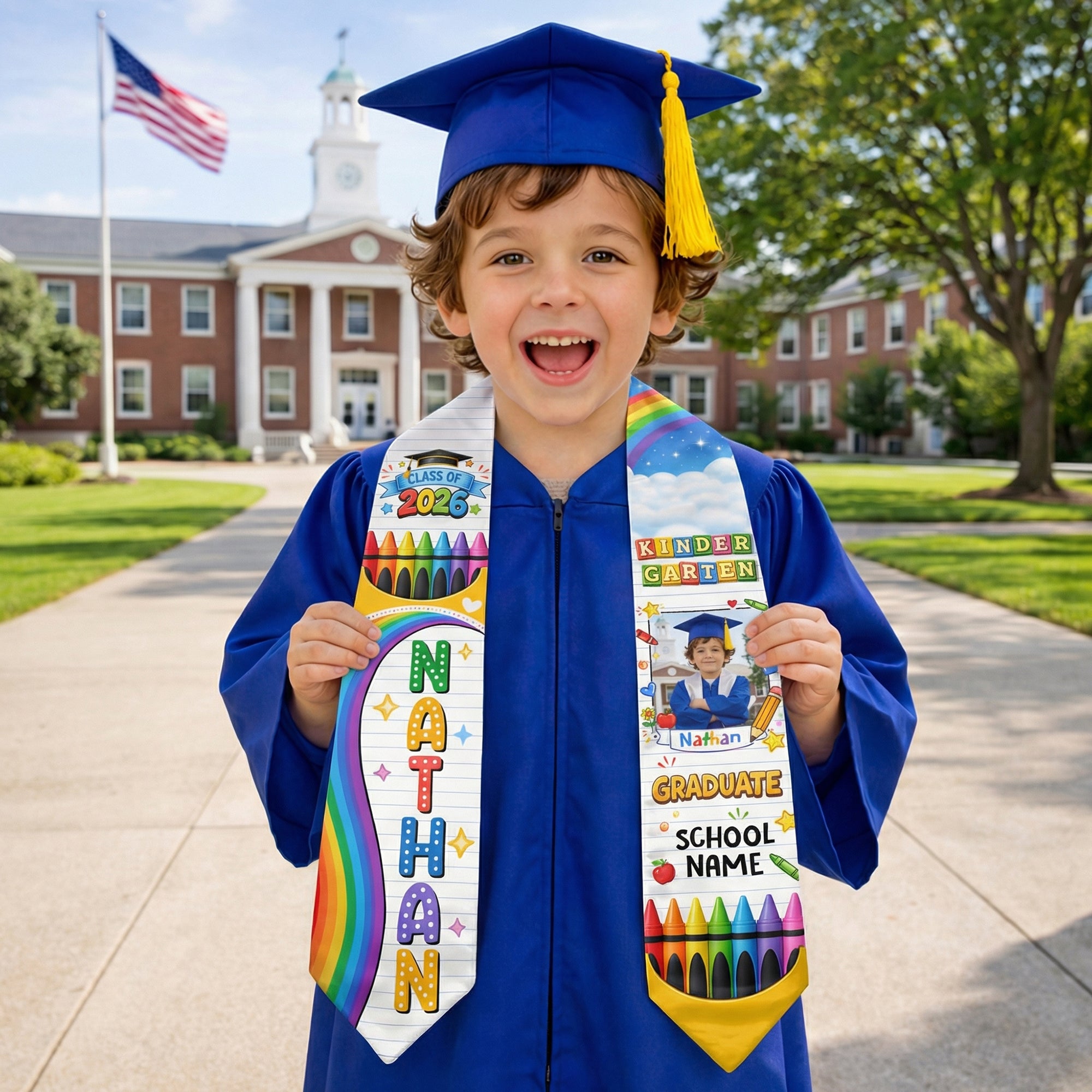 Custom Photo Graduation Stole Kids - Colorful Crayon Rainbow Sash 2026