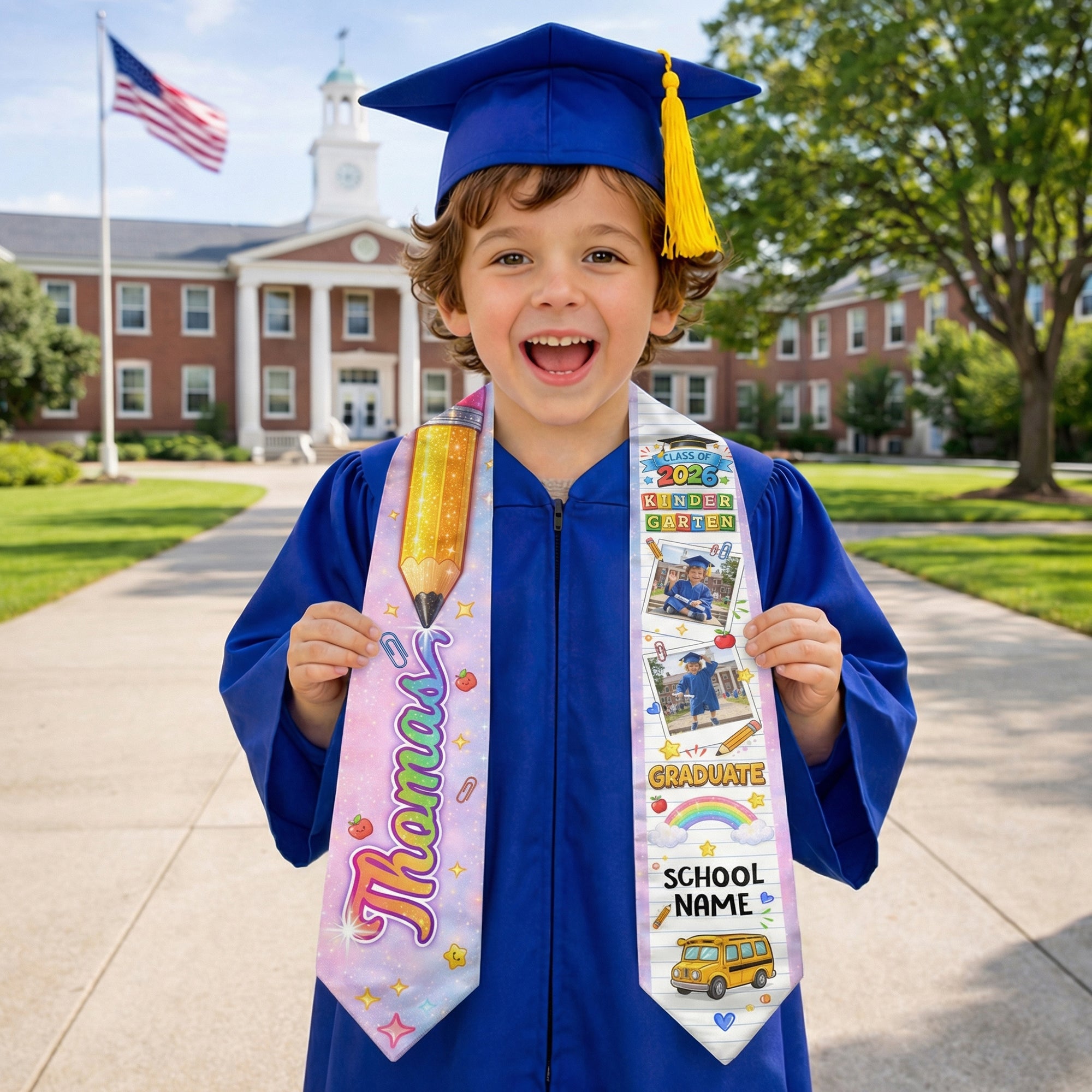 Personalized Kids Graduation Stole - Custom Photo & School Name Star 2026 Sash