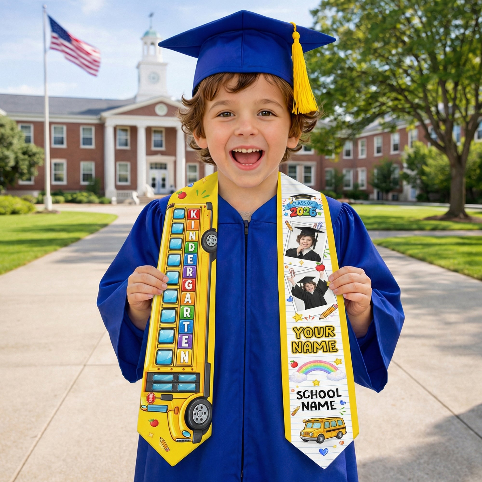 School Bus Kids Graduation Stole with Photo - Personalized Class of 2026 Sash