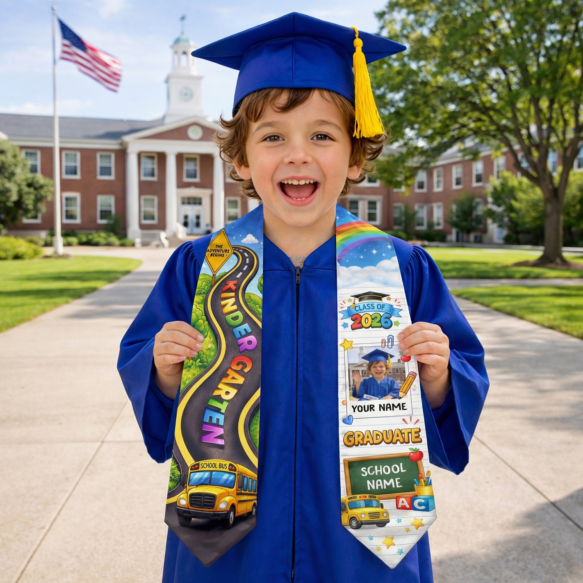 School Bus & Road Graduation Stole Kids - Personalized Photo Class of 2026