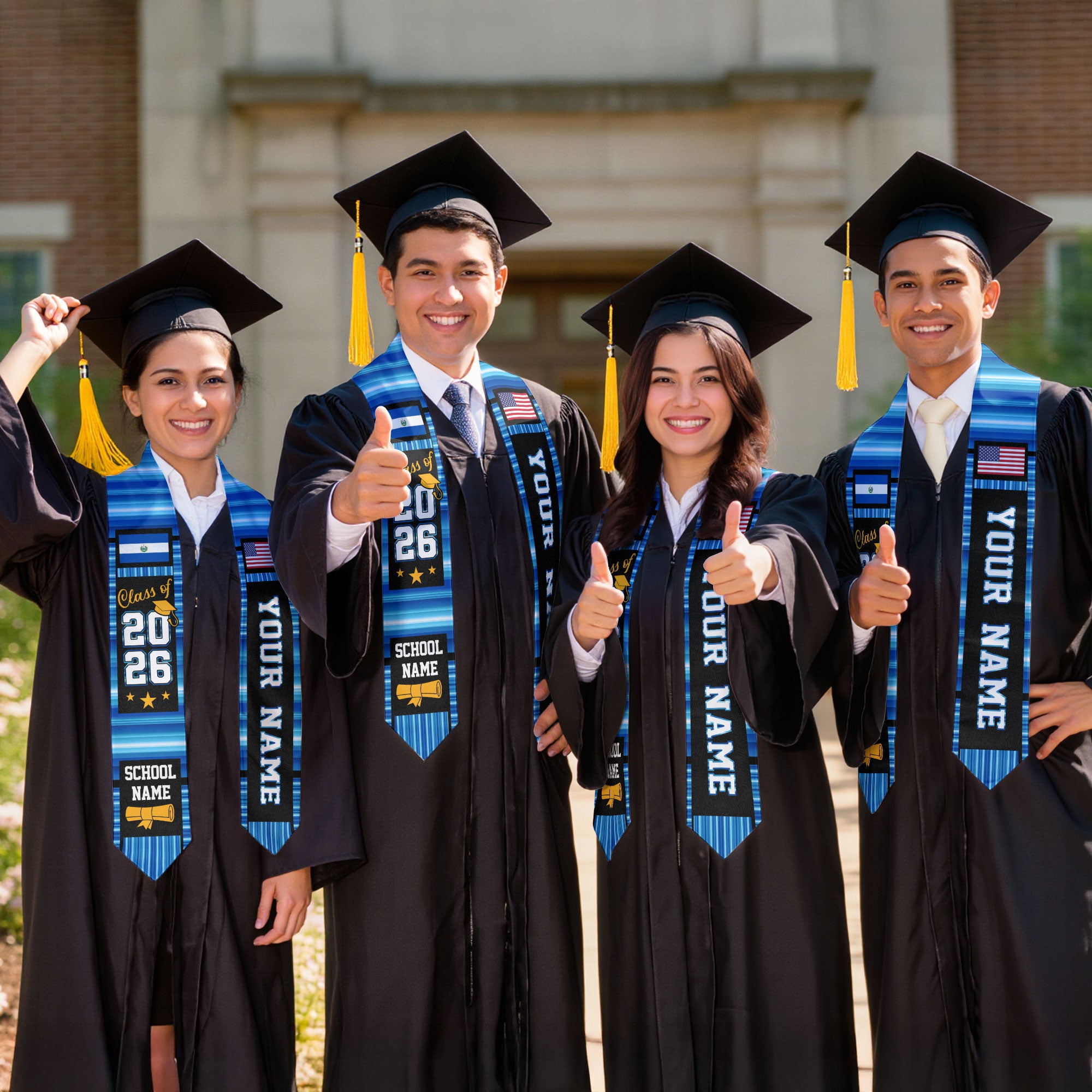 El Salvador Graduation Stole 2026, El Salvador Flag Sash, Custom Accent Grad Stole 2026