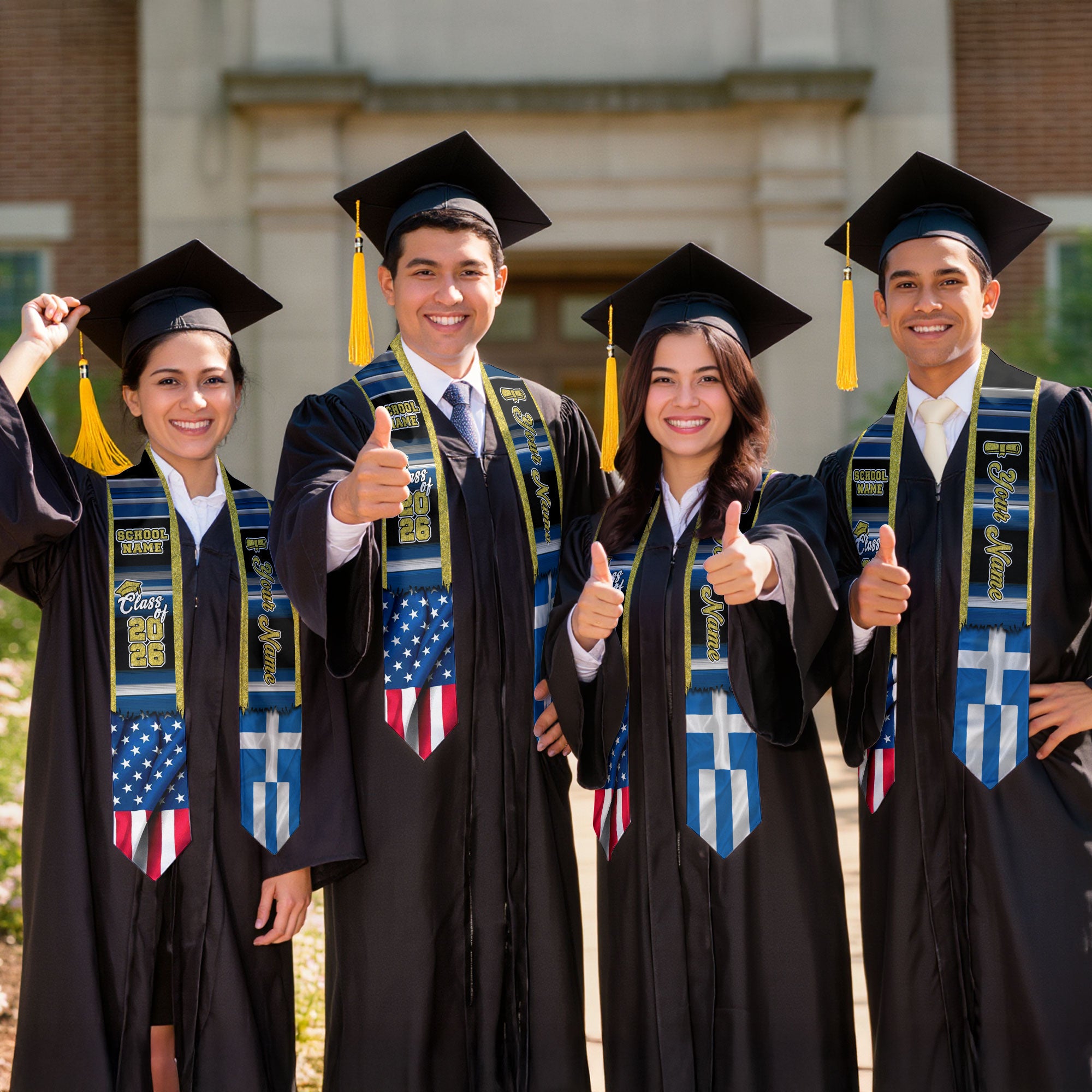 Customized Greece Graduation Stole Featuring Greek Flag Heritage Pattern, Graduation Sash for Class of 2026
