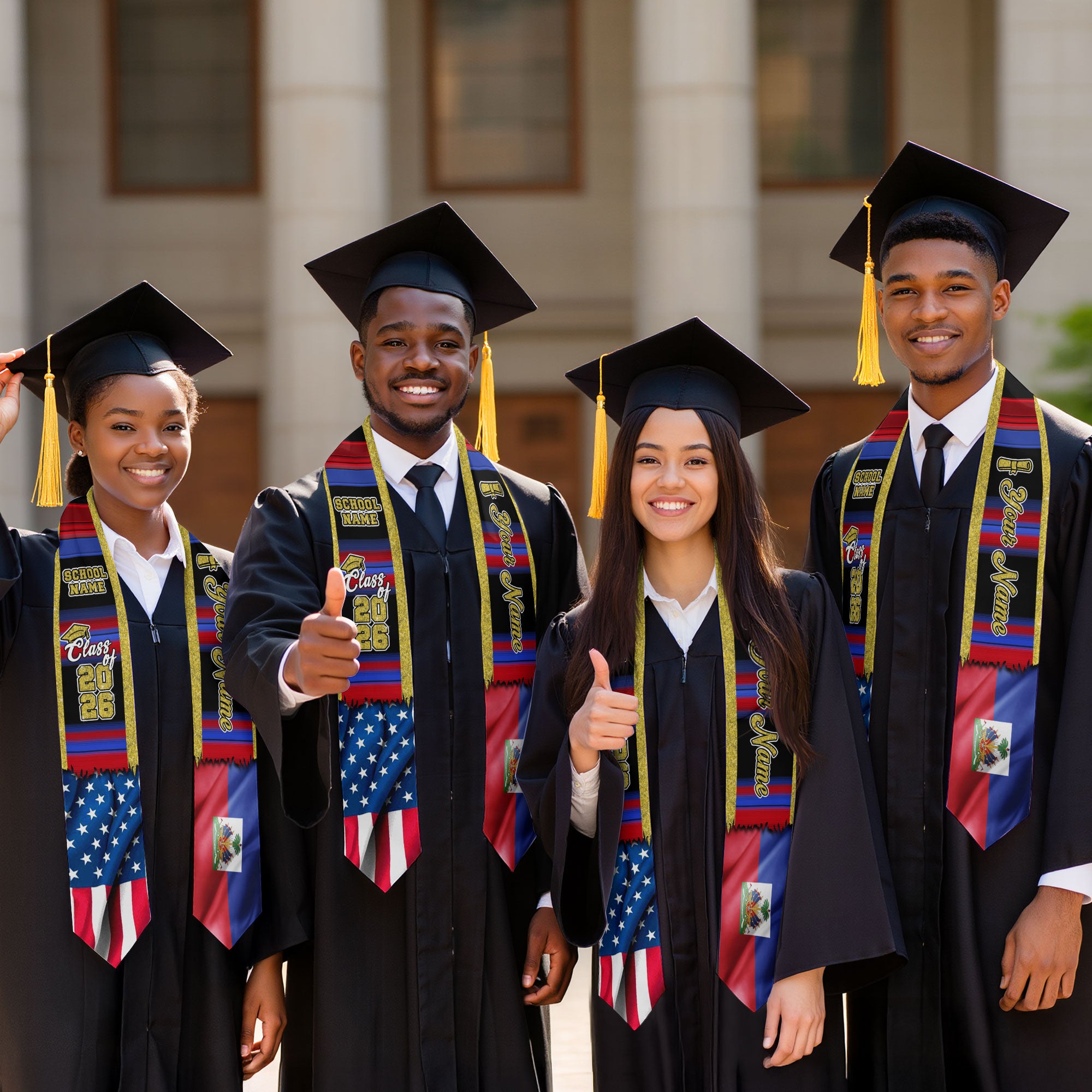 Customized Haiti Graduation Stole with Haitian Flag Inspired Motif, Graduation Sash Class of 2026