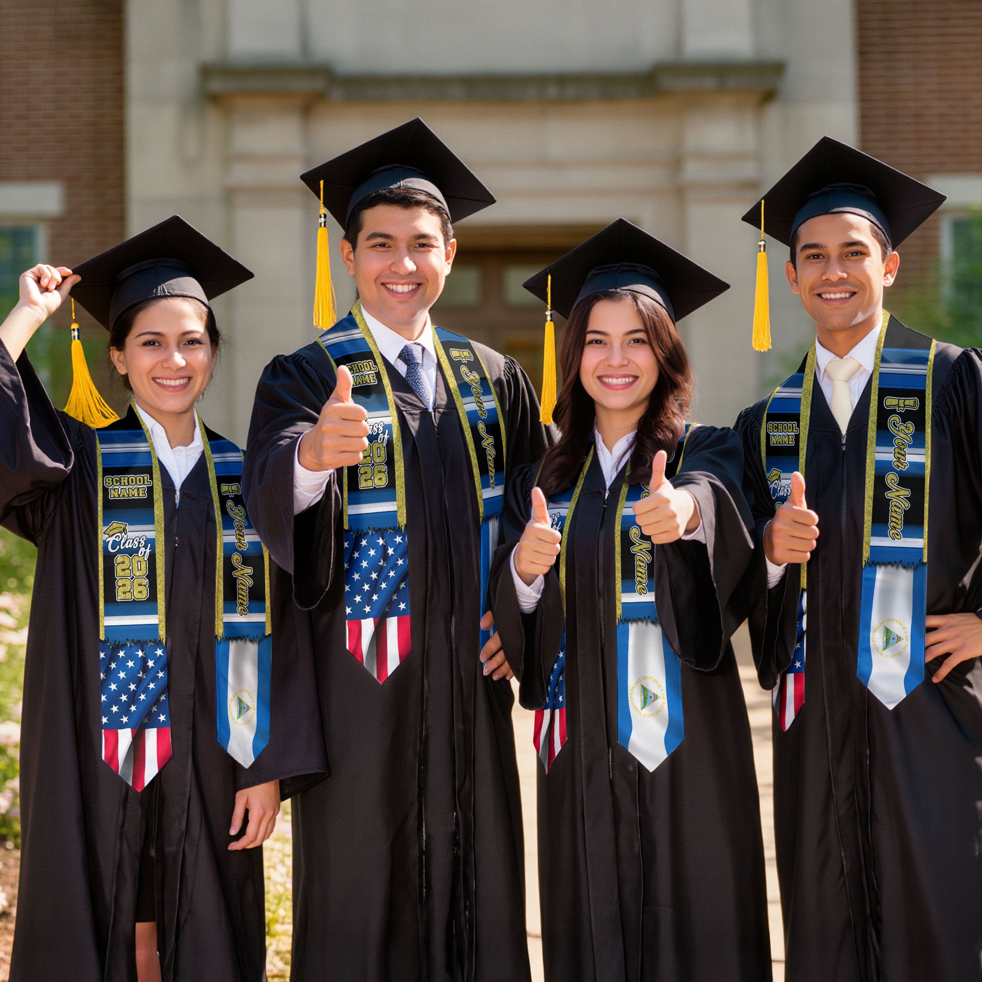 Customized Nicaragua Graduation Stole Showcasing Nicaraguan Flag Design, Graduation Sash Class of 2026