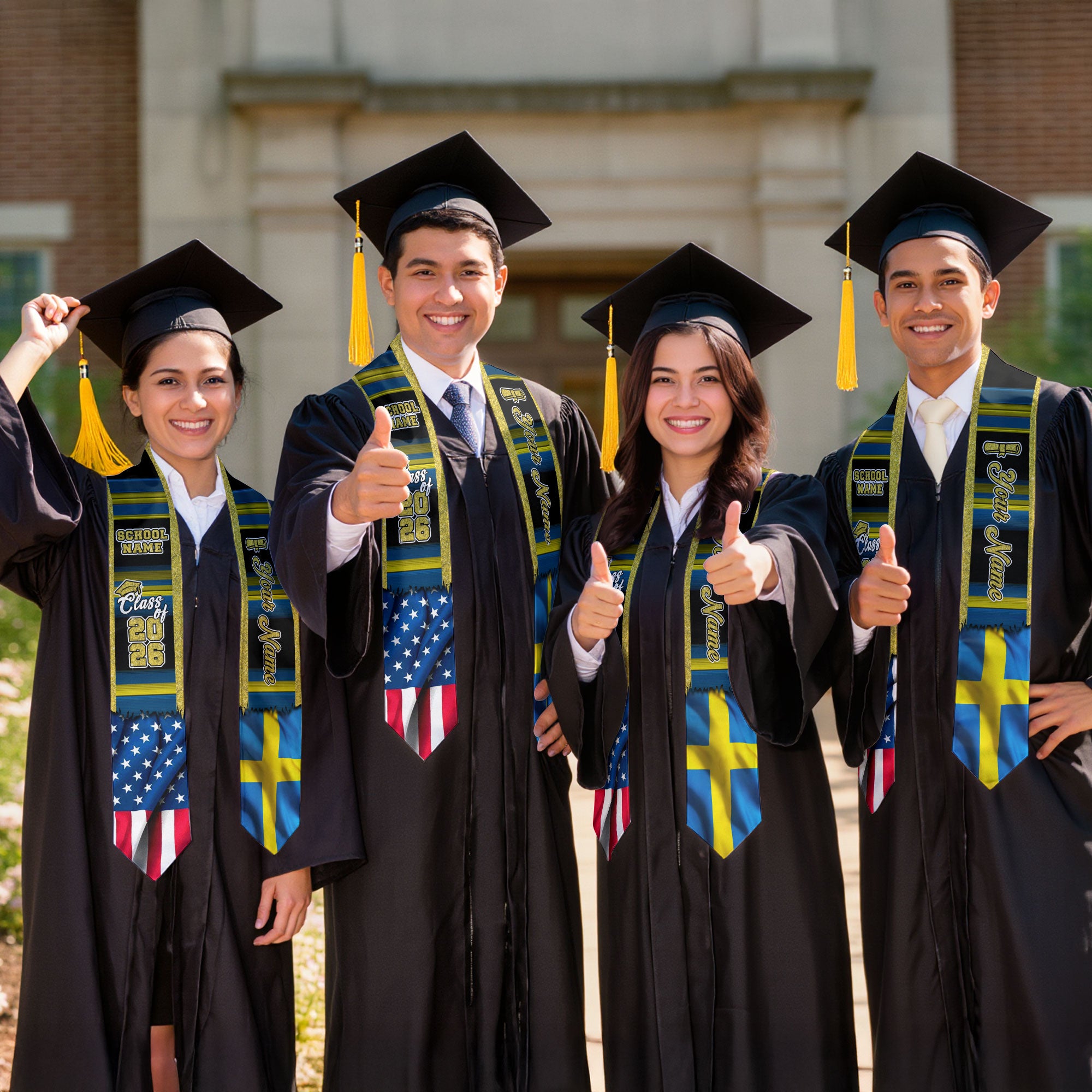 Customized Sweden Graduation Stole Highlighting Swedish Flag Heritage Pattern, Graduation Sash Class of 2026