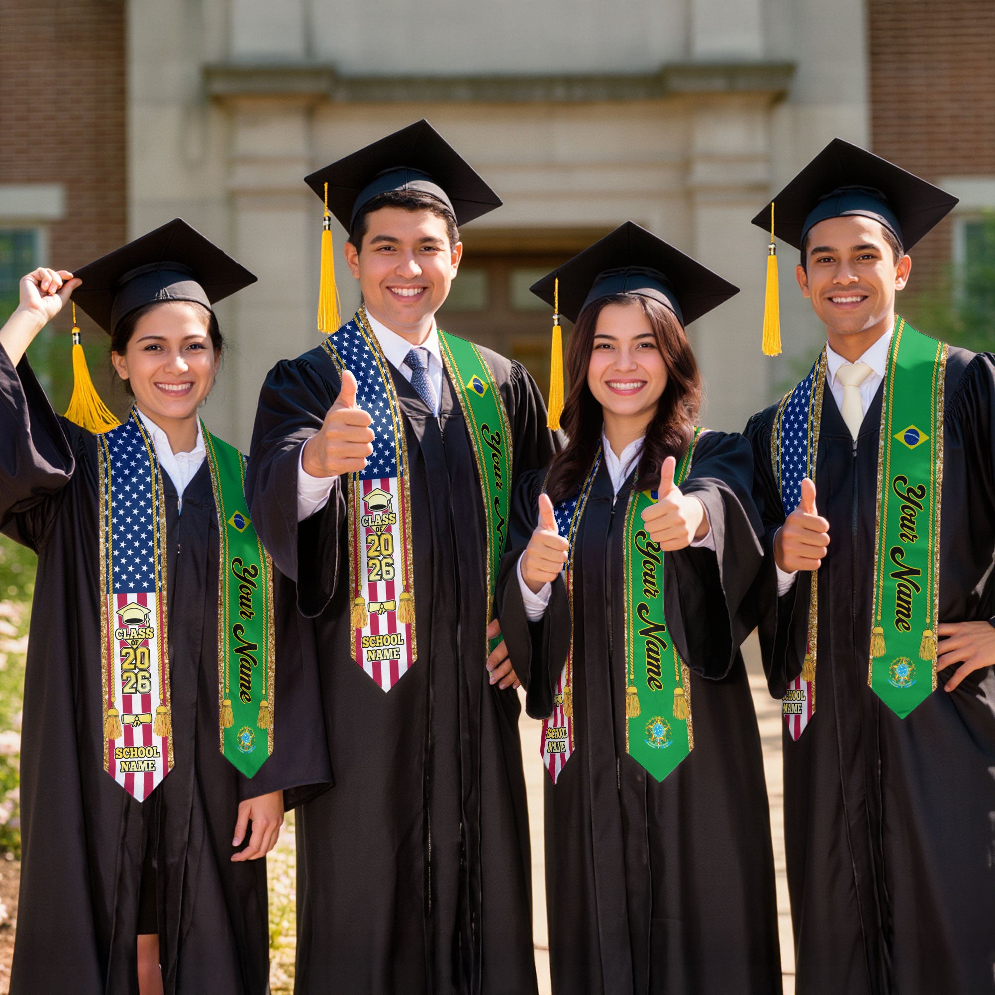 Customized Brazil Graduation Stole with Brazilian Flag Emblem, Graduation Sash for Class of 2026