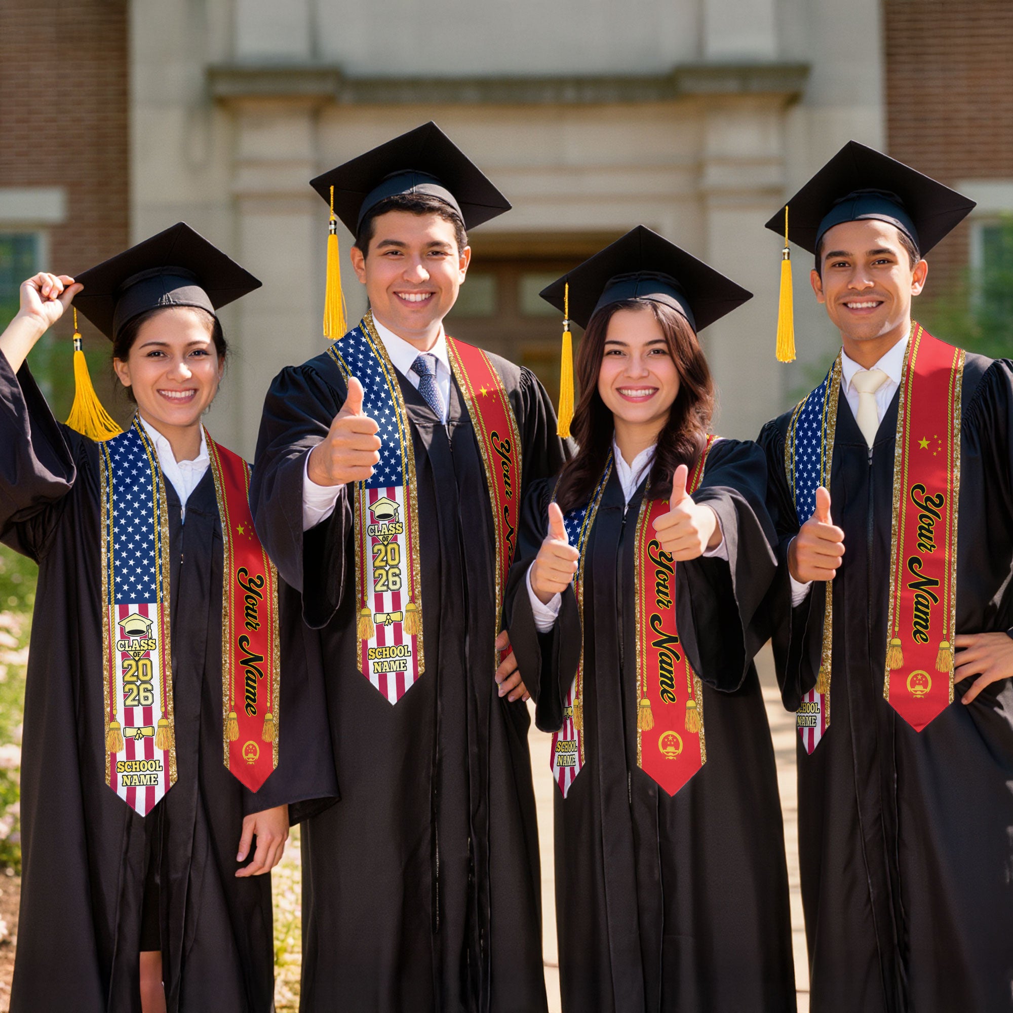Customized China Graduation Stole with Chinese Flag Emblem, Graduation Sash for Class of 2026
