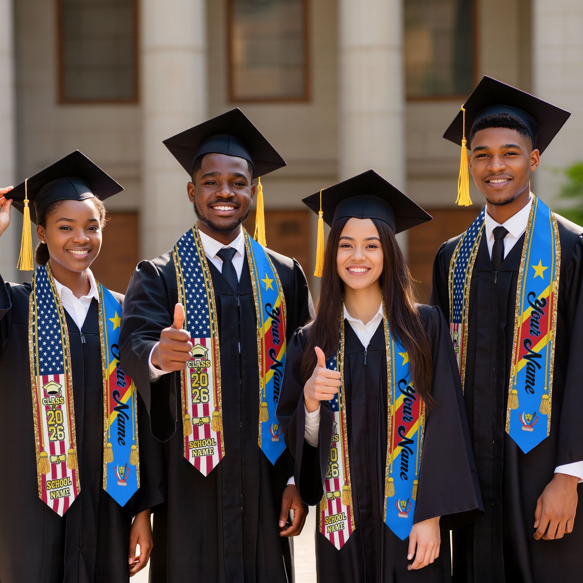 Customized DR Congo Graduation Stole with National Flag Emblem, Graduation Sash for Class of 2026
