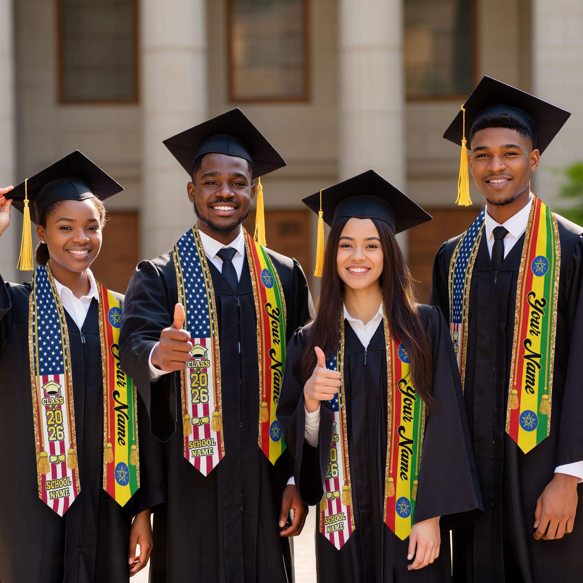 Customized Ethiopia Graduation Stole with Ethiopian Flag Emblem, Graduation Sash for Class of 2026