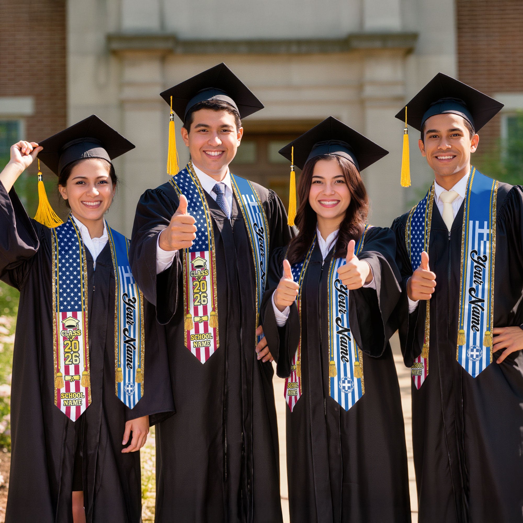Customized Greece Graduation Stole with Greek Flag Emblem, Graduation Sash for Class of 2026