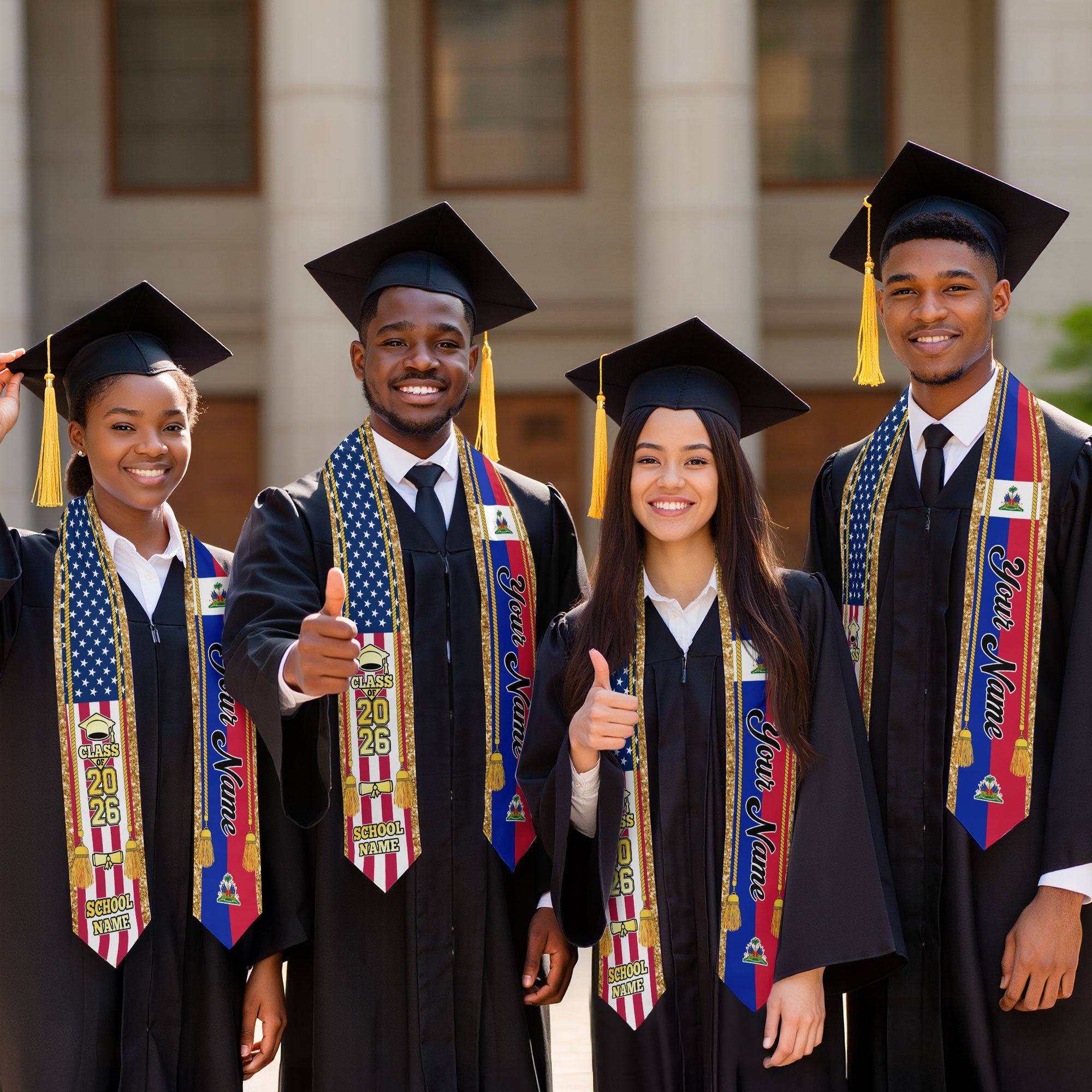 Customized Haiti Graduation Stole with Haitian Flag Emblem, Graduation Sash for Class of 2026