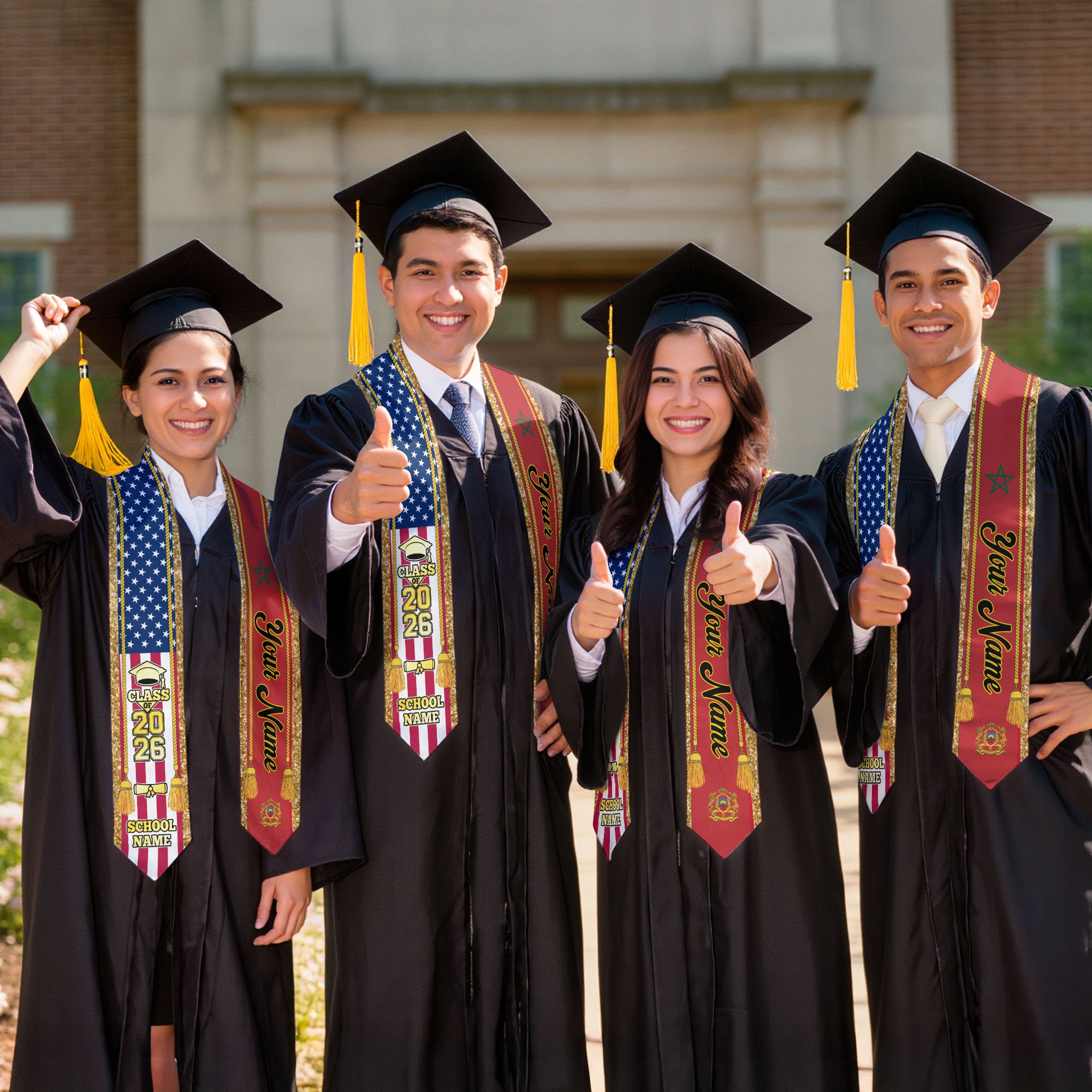 Customized Morocco Graduation Stole with Moroccan Flag Emblem, Graduation Sash for Class of 2026