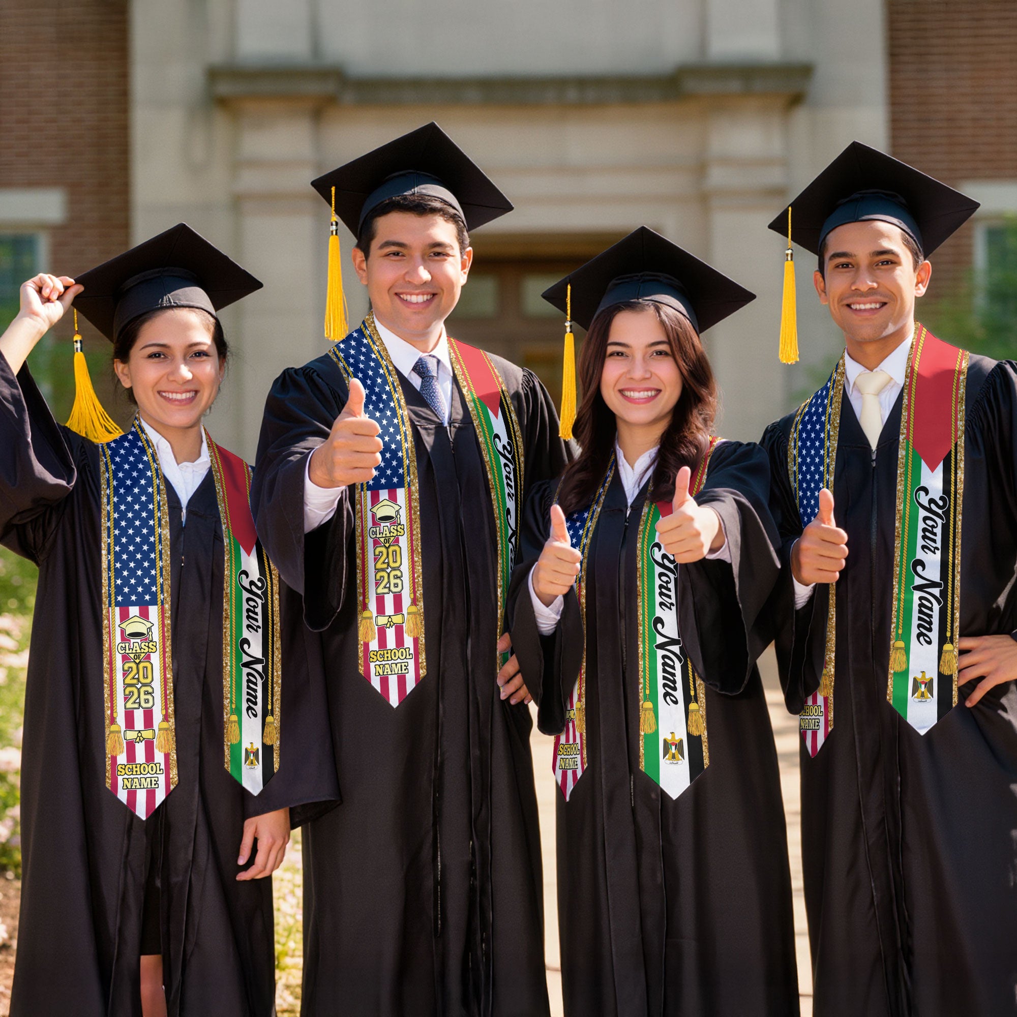 Customized Palestine Graduation Stole with Palestinian Flag Emblem, Graduation Sash for Class of 2026