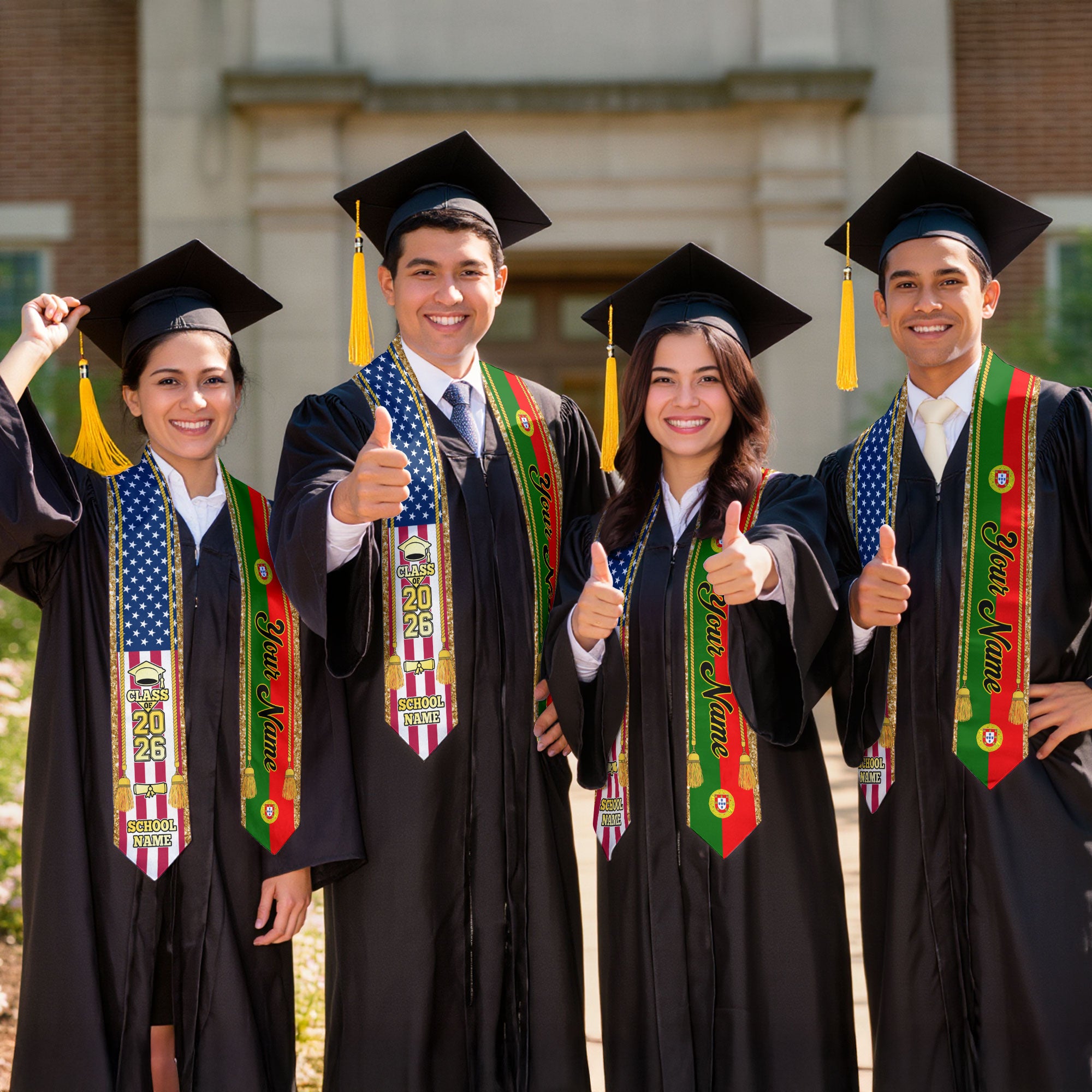 Customized Portugal Graduation Stole with Portuguese Flag Emblem, Graduation Sash for Class of 2026