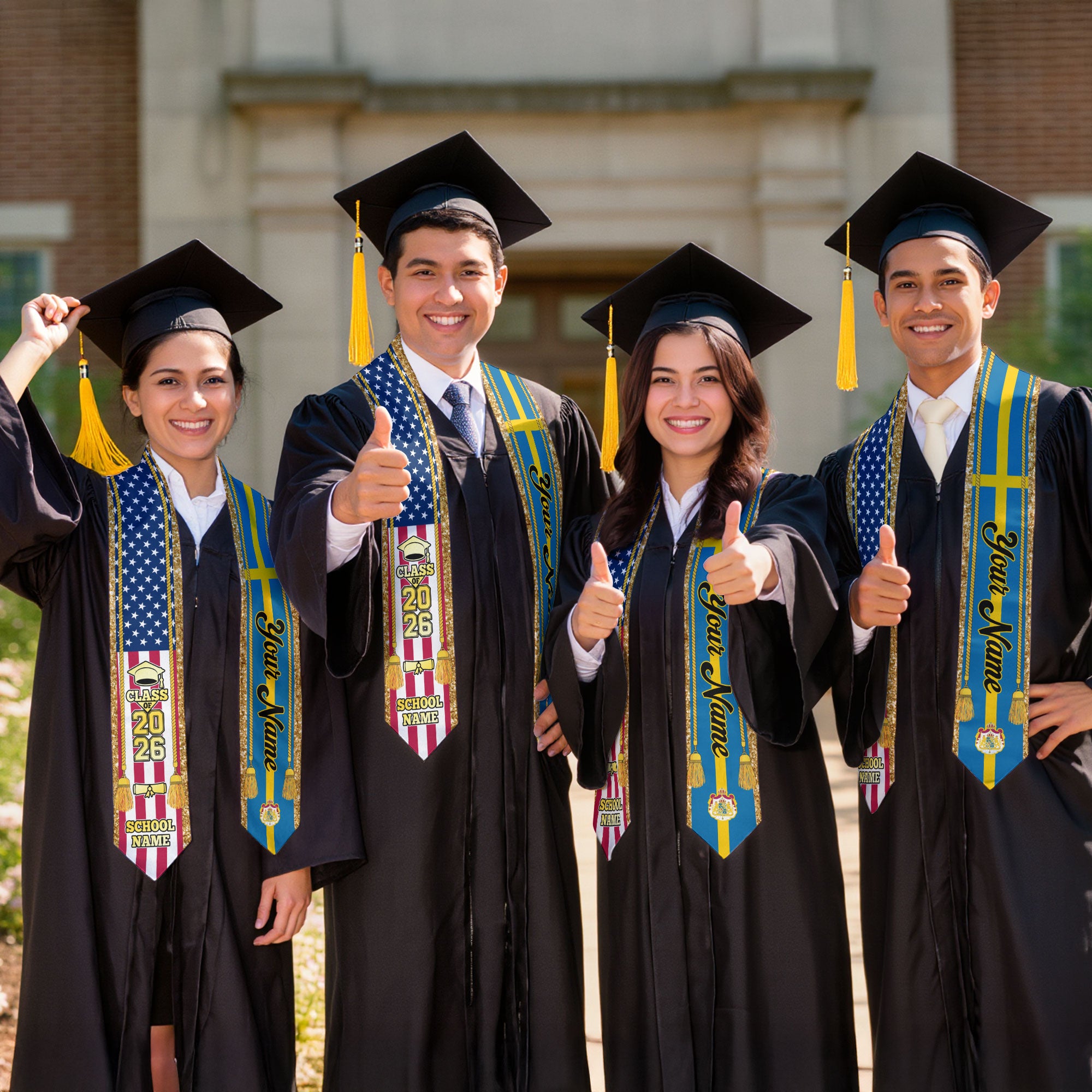 Customized Sweden Graduation Stole with Swedish Flag Emblem, Graduation Sash for Class of 2026