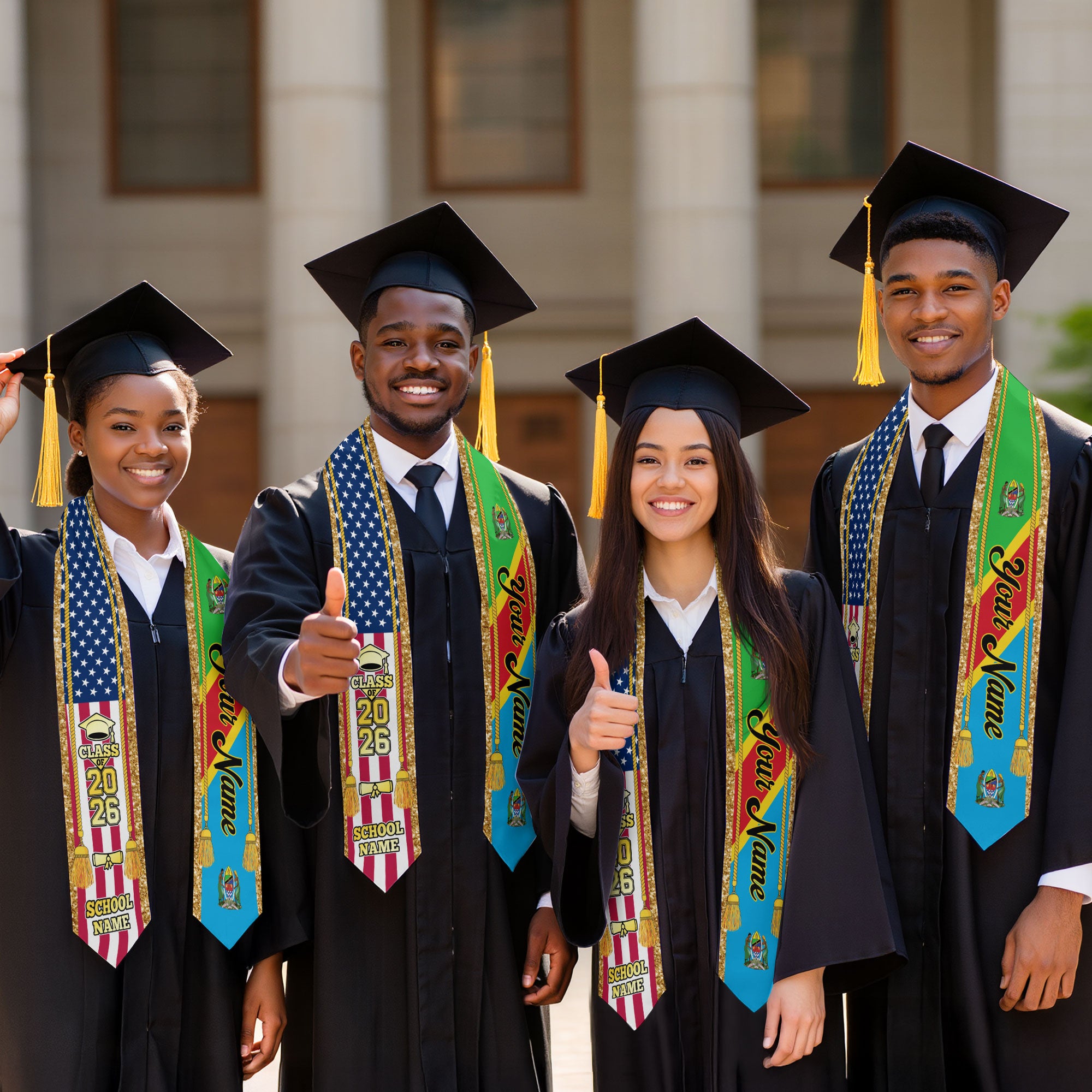 Customized Tanzania Graduation Stole with Tanzanian Flag Emblem, Graduation Sash for Class of 2026