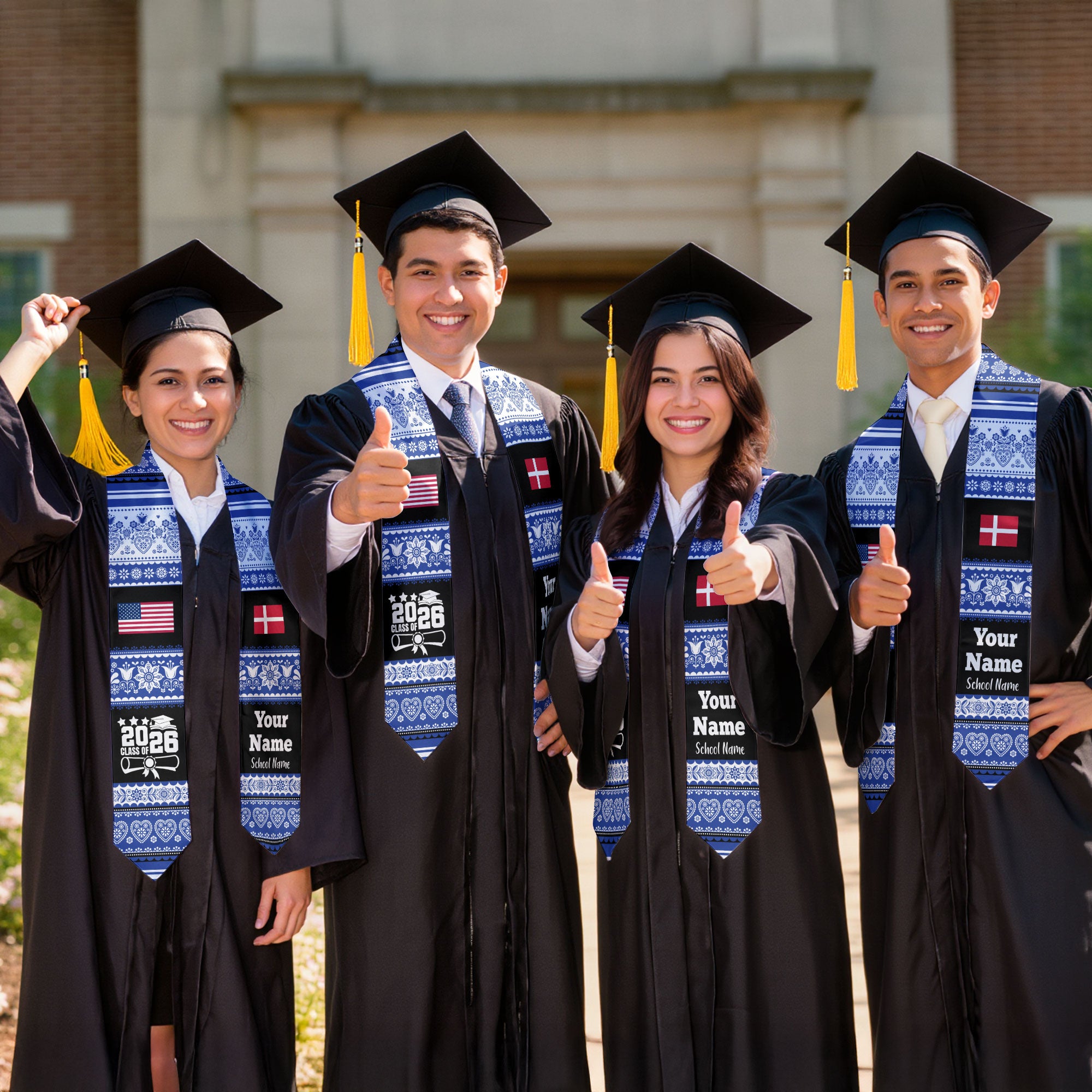 Customized Denmark Graduation Stole Featuring National Flag Motif, Graduation Sash for Class of 2026