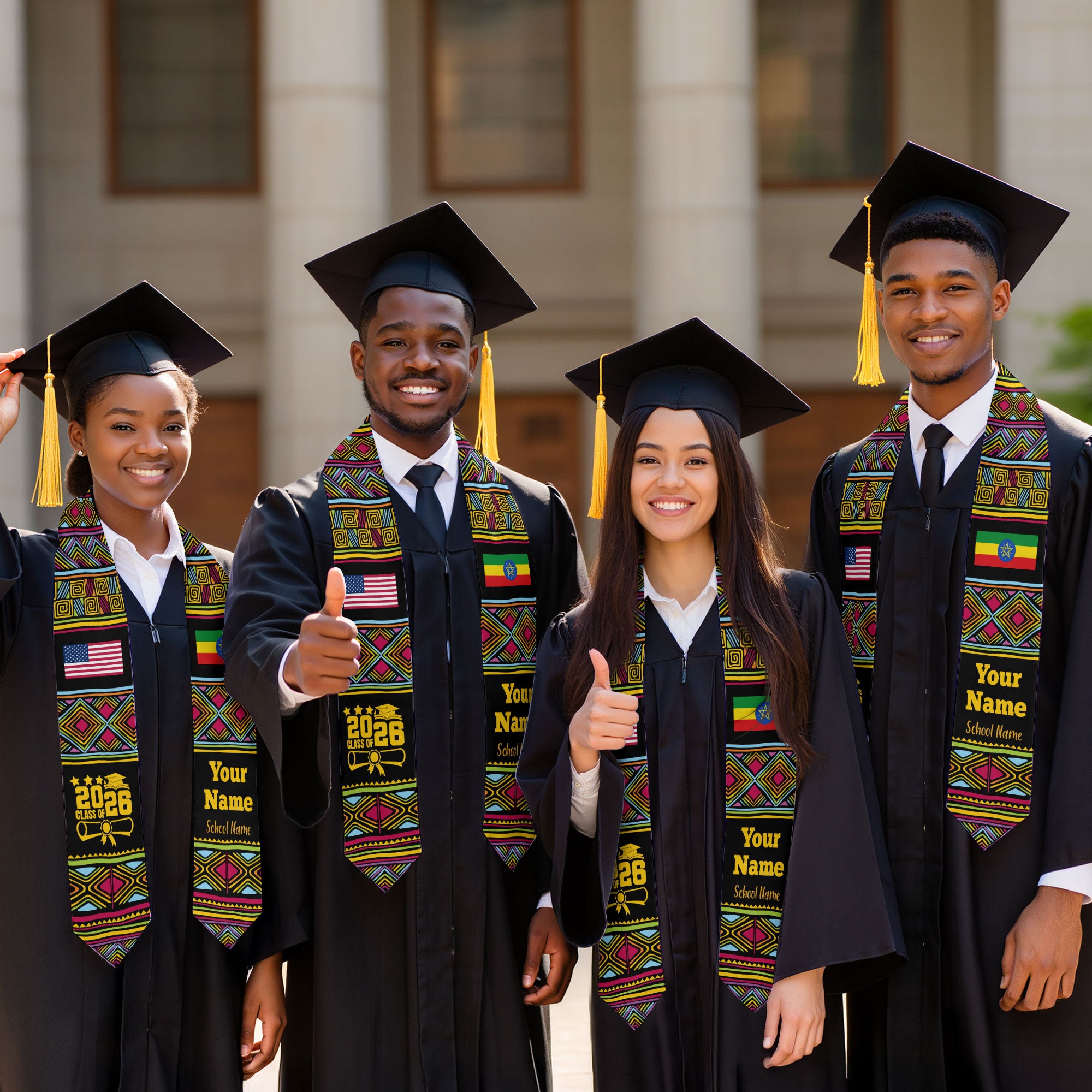 Customized Ethiopia Graduation Stole Featuring National Flag Motif, Graduation Sash for Class of 2026