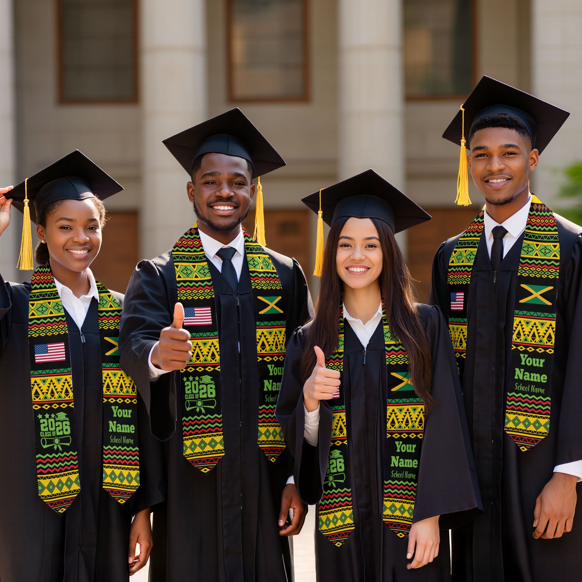 Customized Jamaica Graduation Stole Featuring National Flag Motif, Graduation Sash for Class of 2026