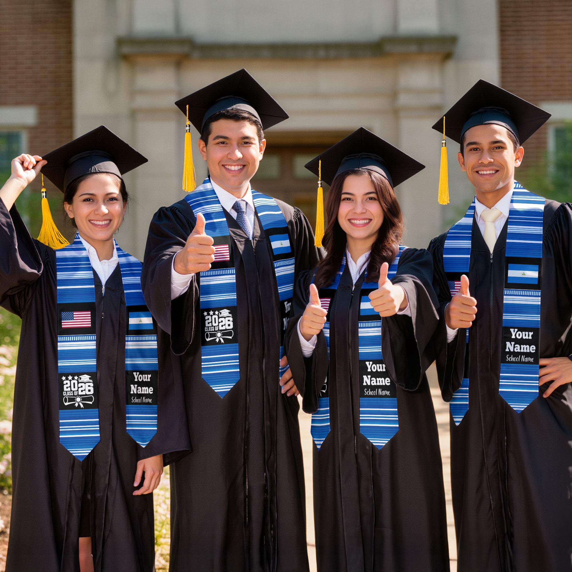 Customized Nicaragua Graduation Stole Featuring National Flag Motif, Graduation Sash for Class of 2026